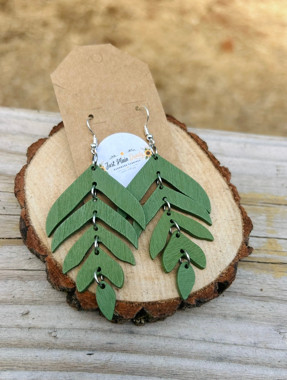 Sage Green Layered Wooden Leaf Dangle Earrings