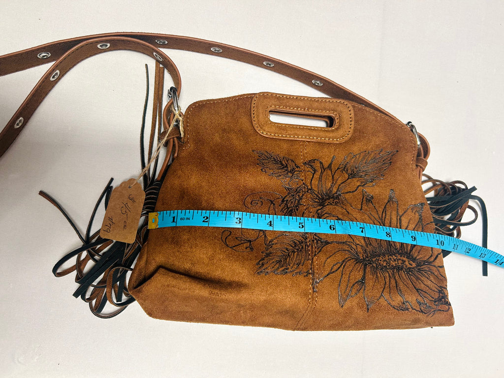 Hand-Burned Sunflower Crossbody Bag with Fringe