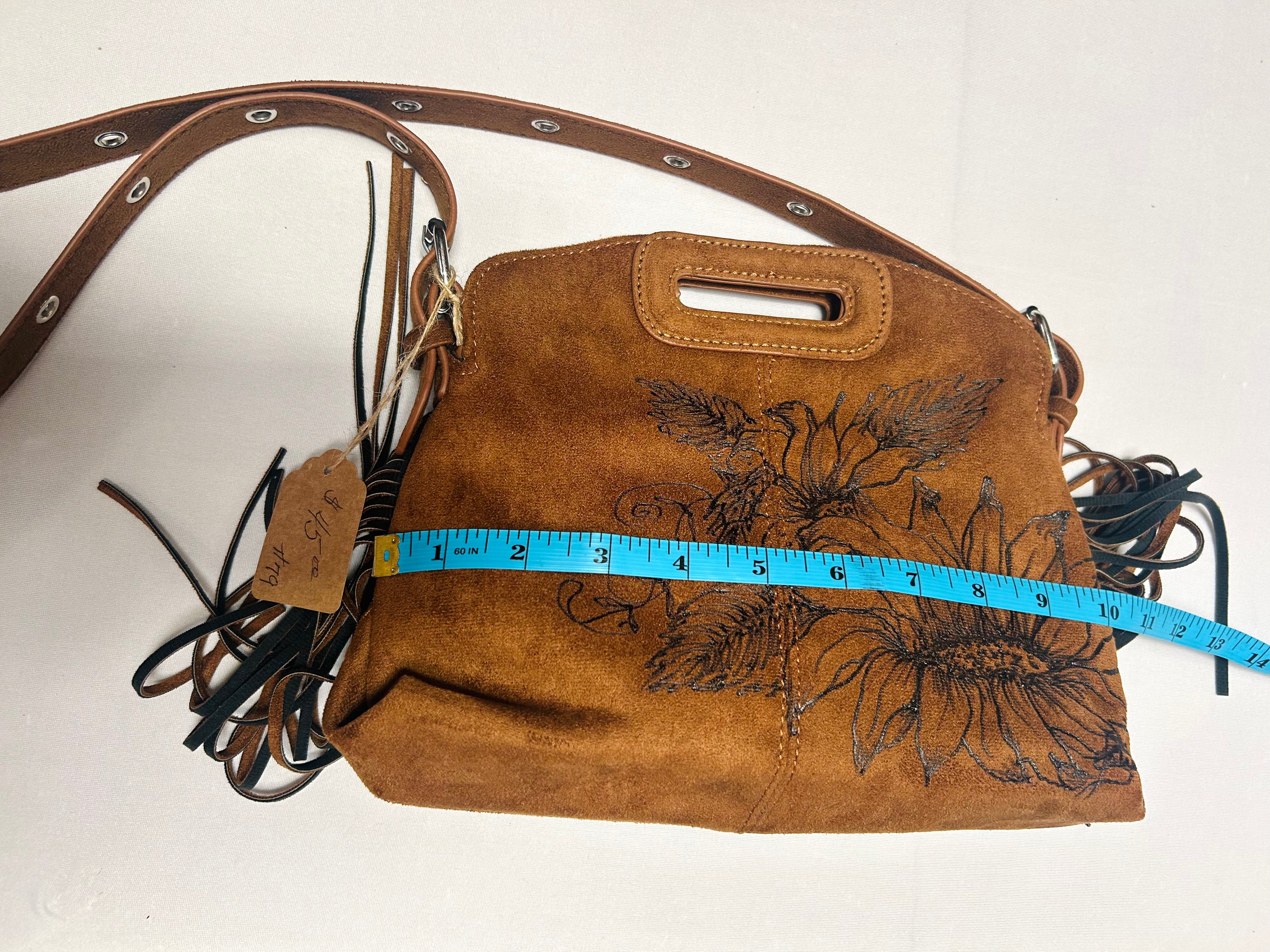Hand-Burned Sunflower Crossbody Bag with Fringe