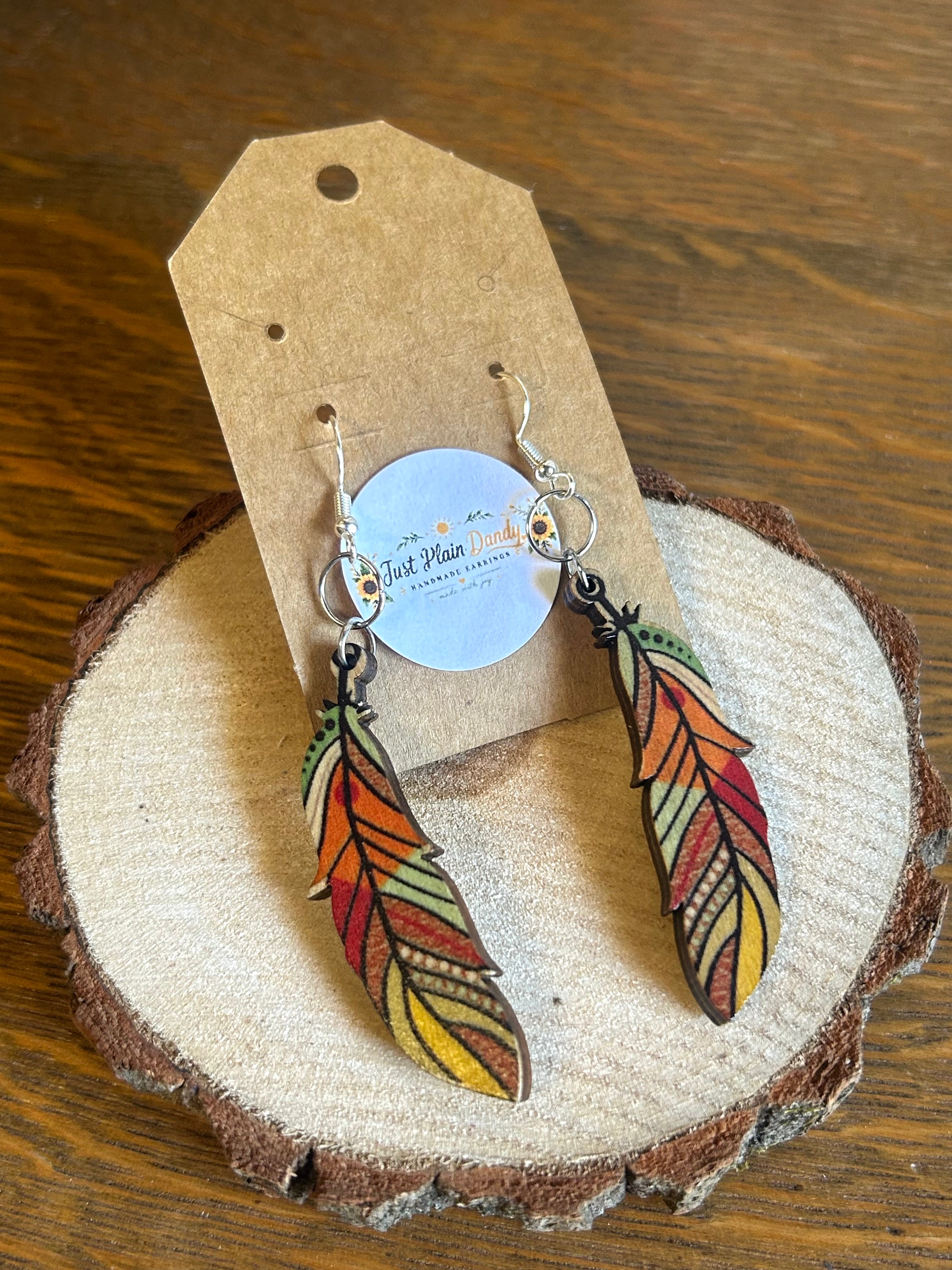 Colorful Boho Feather Dangle Earrings Fall Autumn Statement Jewelry