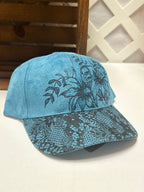 Hand-Burned Floral Blue Faux Suede Hat with Lace Brim