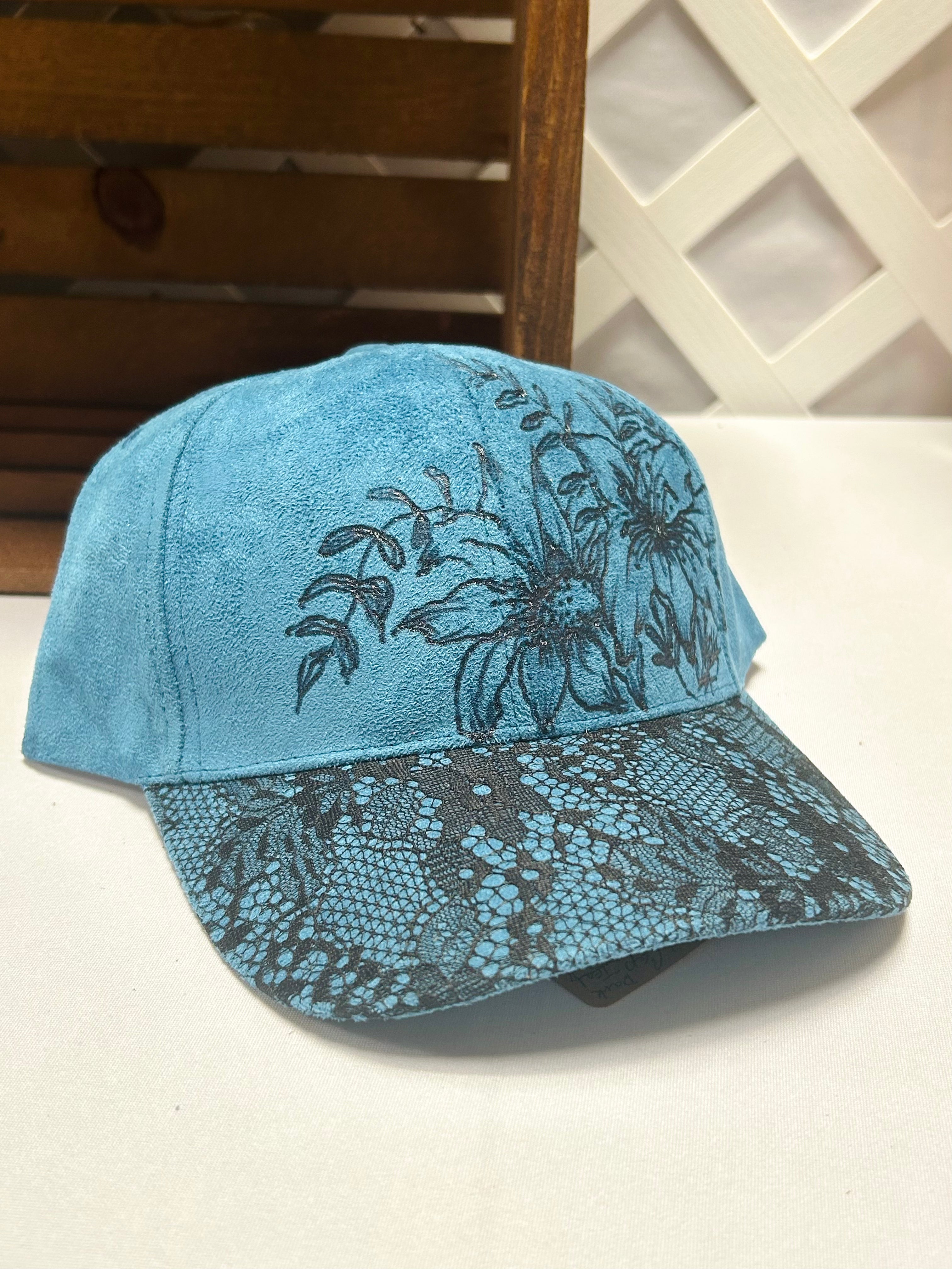 Hand-Burned Floral Blue Faux Suede Hat with Lace Brim