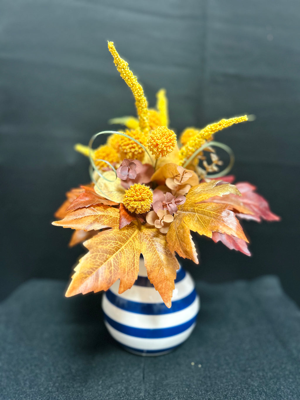 Autumn Floral Arrangement in Blue & White Ceramic Vase