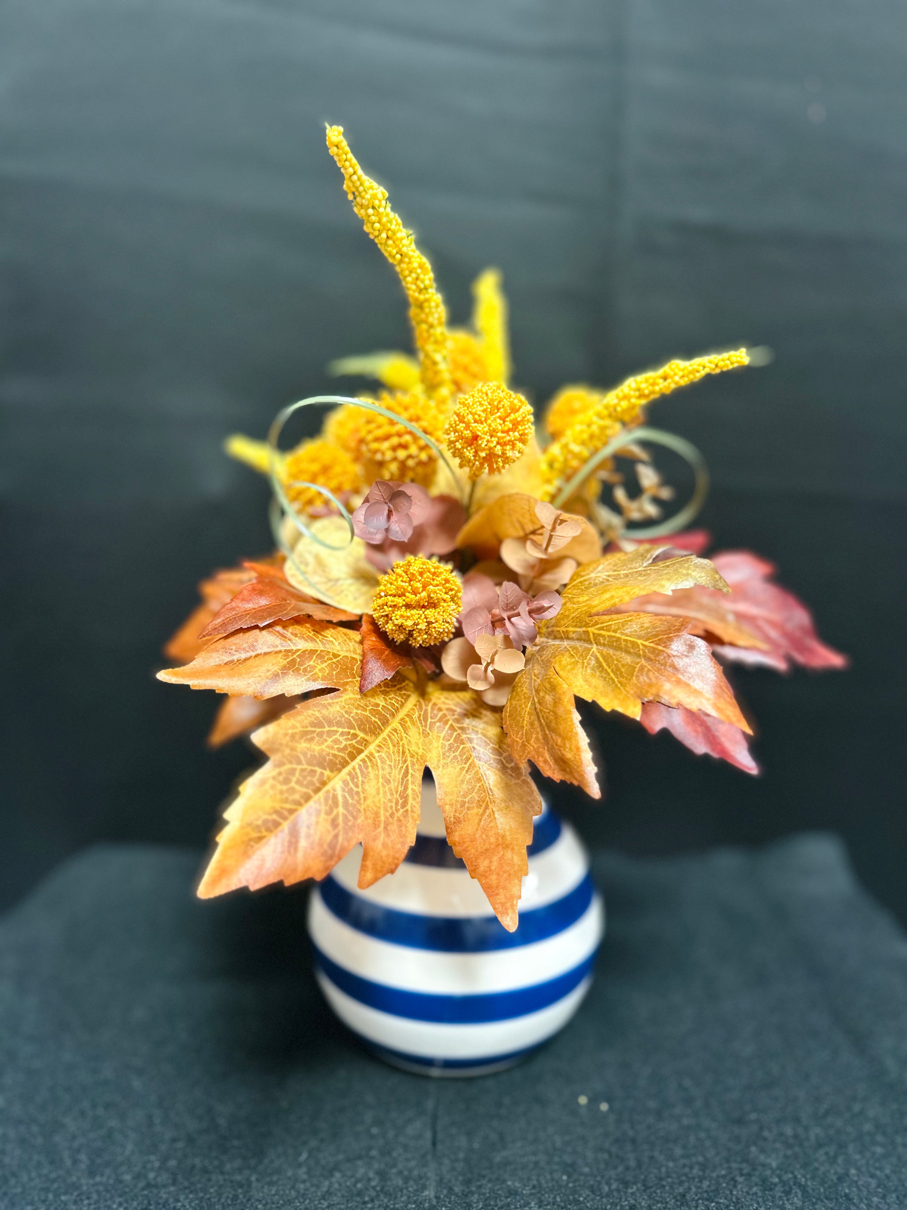 Autumn Floral Arrangement in Blue & White Ceramic Vase