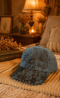 Hand-Burned Floral Blue Faux Suede Hat with Lace Brim