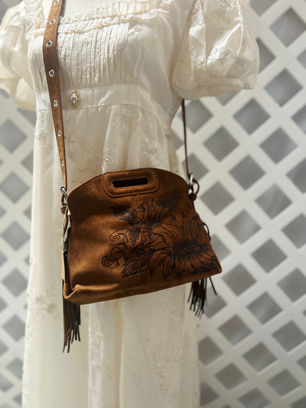 Hand-Burned Sunflower Crossbody Bag with Fringe