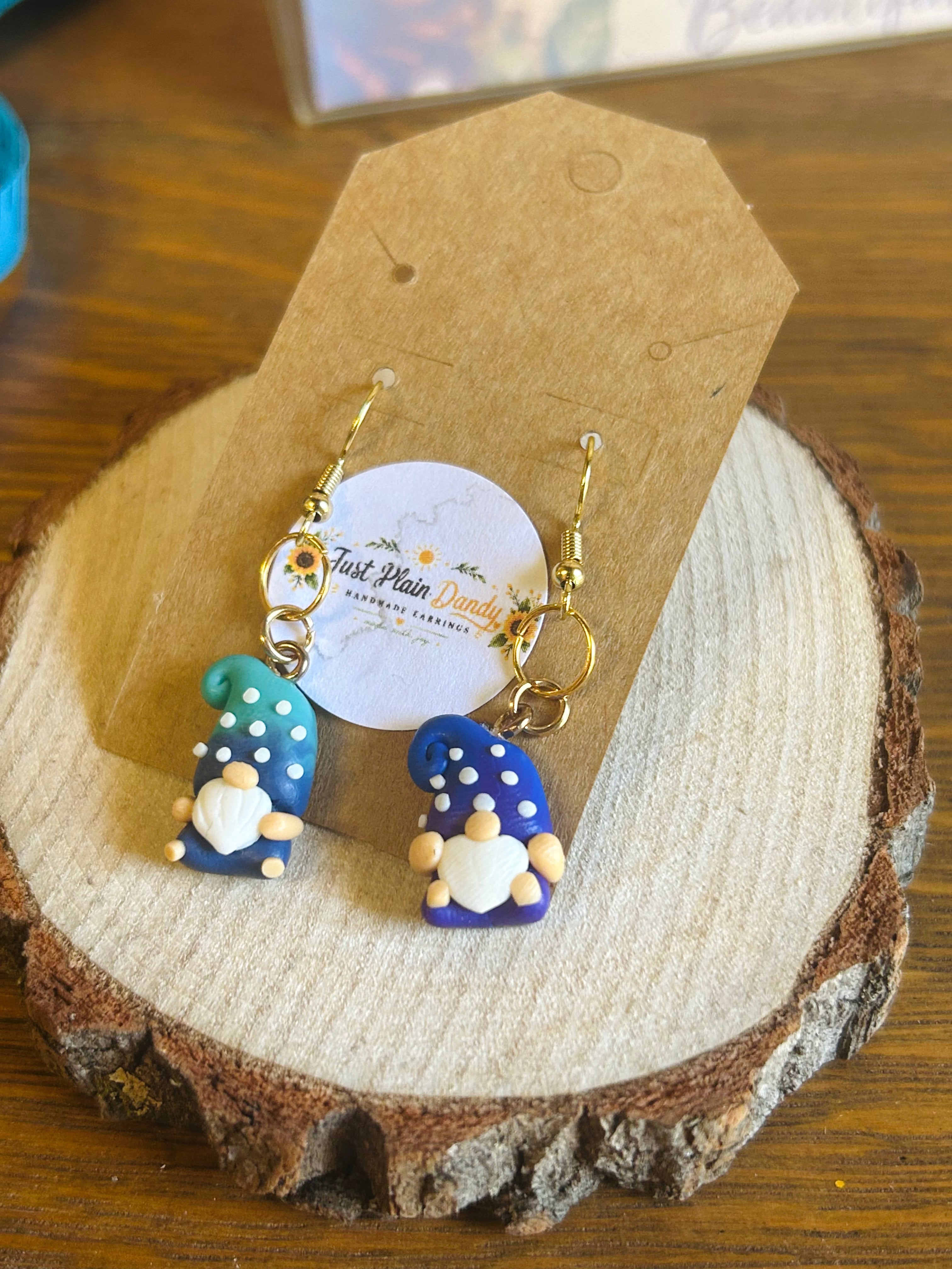Blue & Teal Gnome Dangle Earrings Whimsical Polka Dot Gnome Jewelry