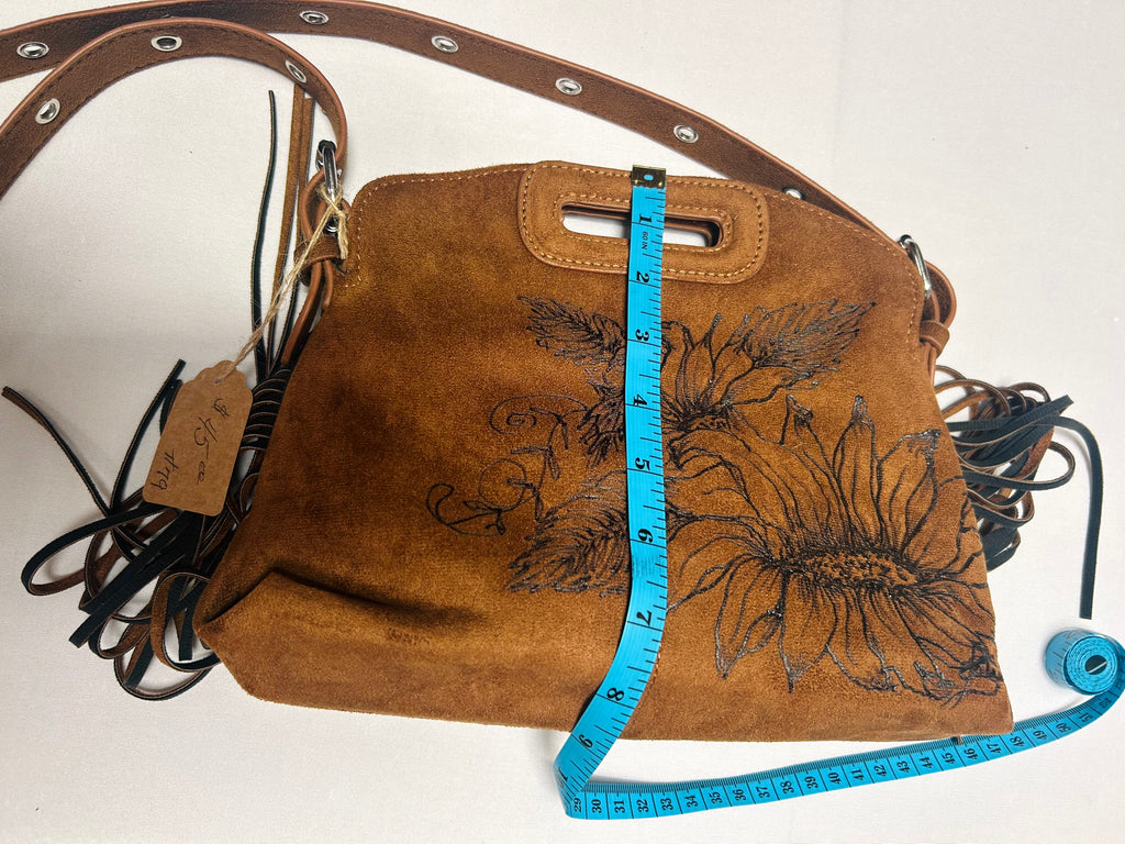 Hand-Burned Sunflower Crossbody Bag with Fringe