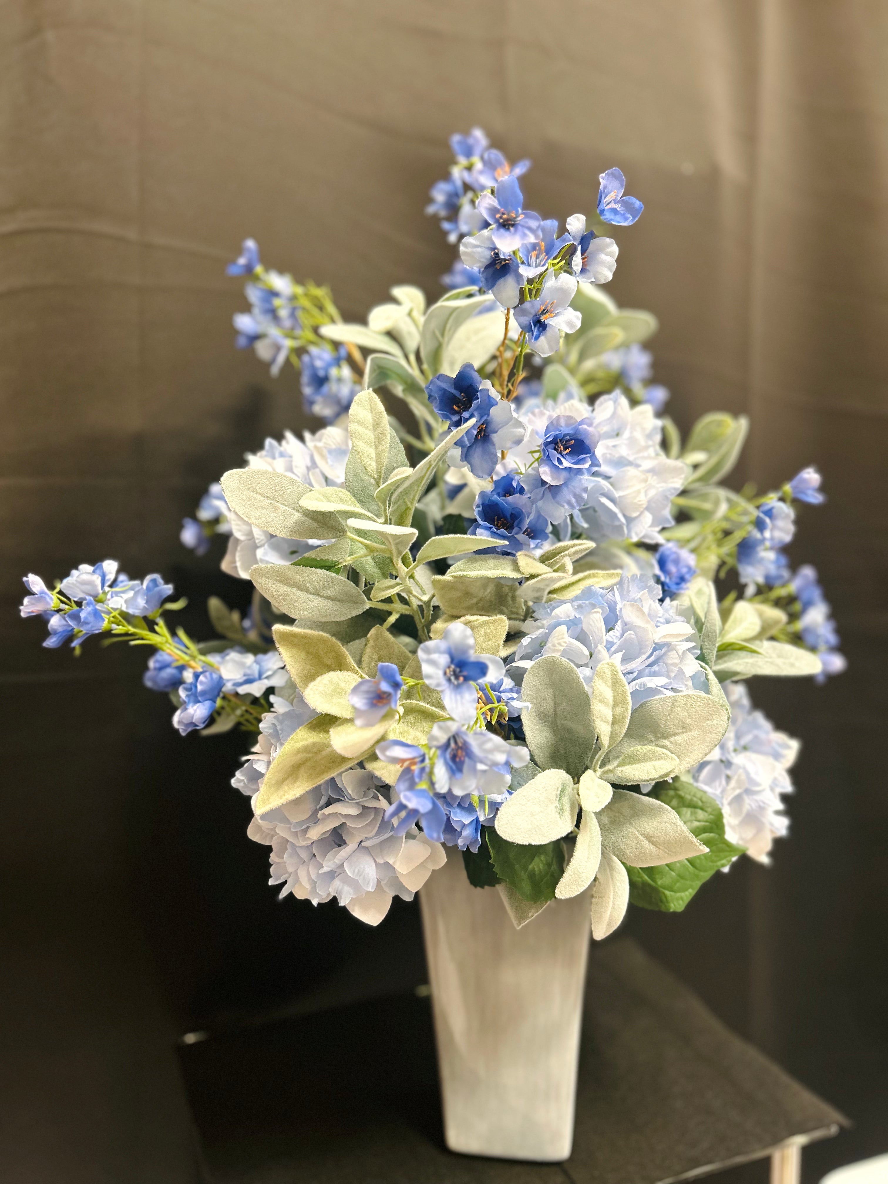 Blue Hydrangea Floral Arrangement in Marble-Look Vase