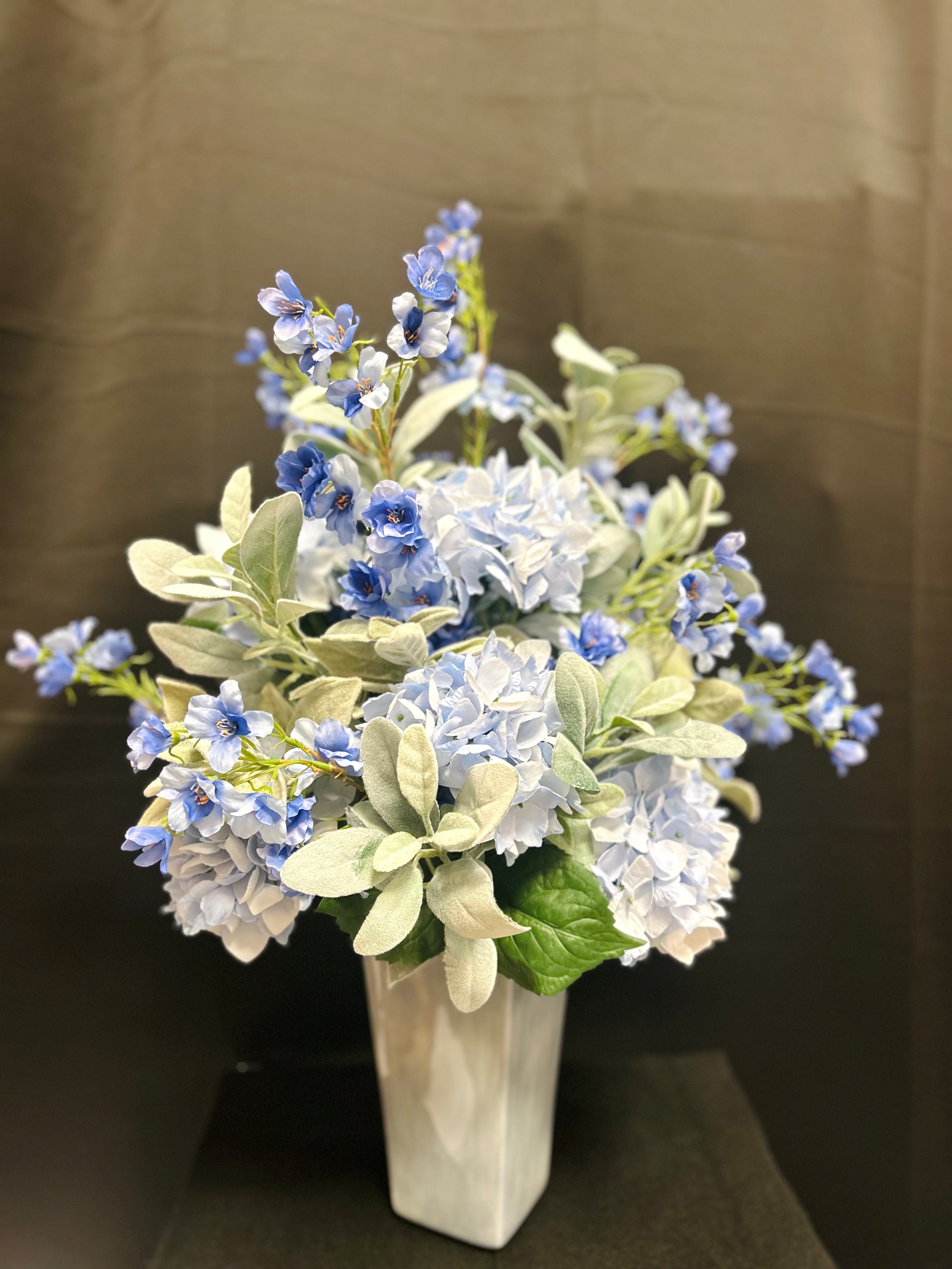 Blue Hydrangea Floral Arrangement in Marble-Look Vase