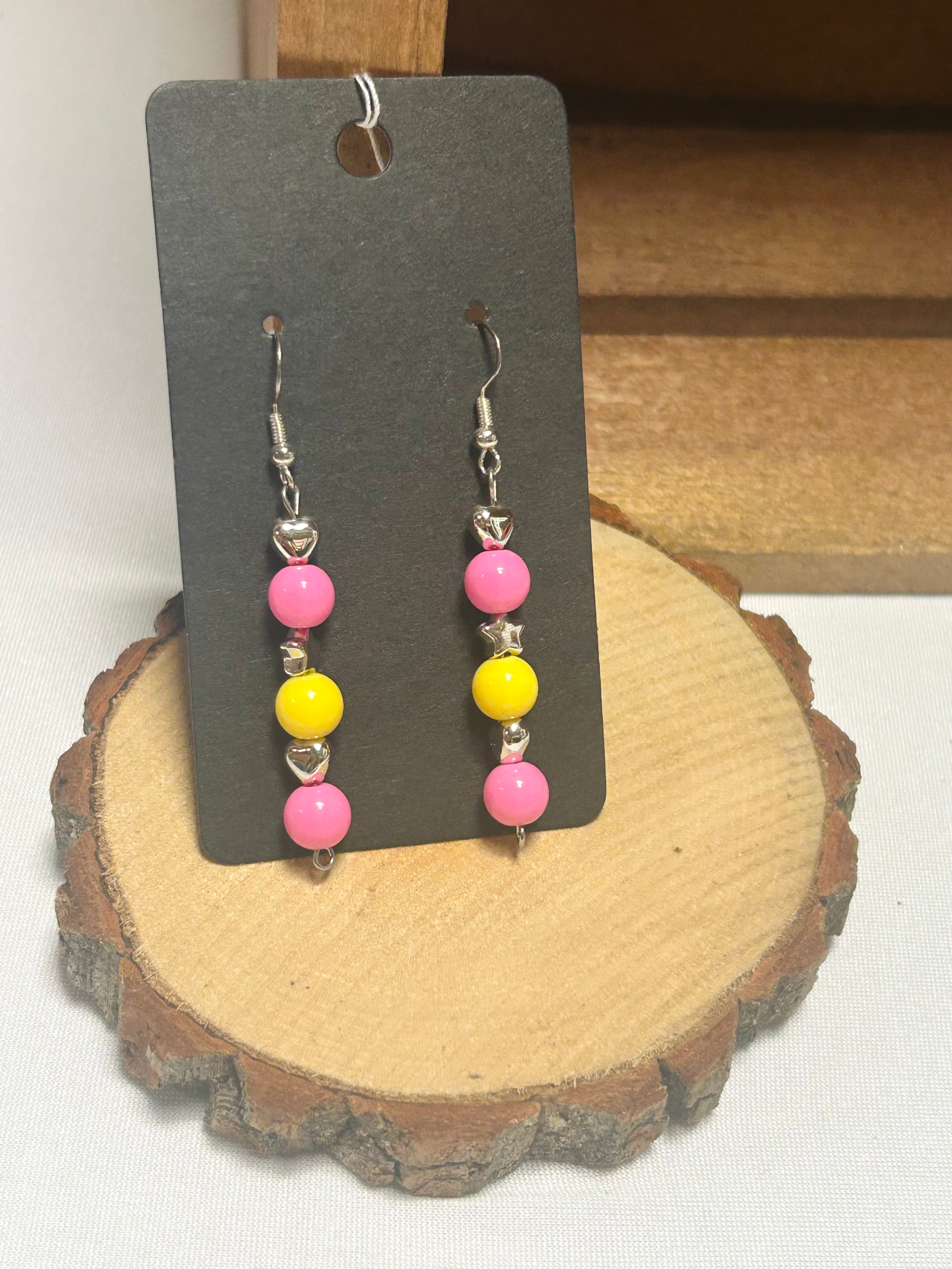Pink & Yellow Beaded Dangle Earrings