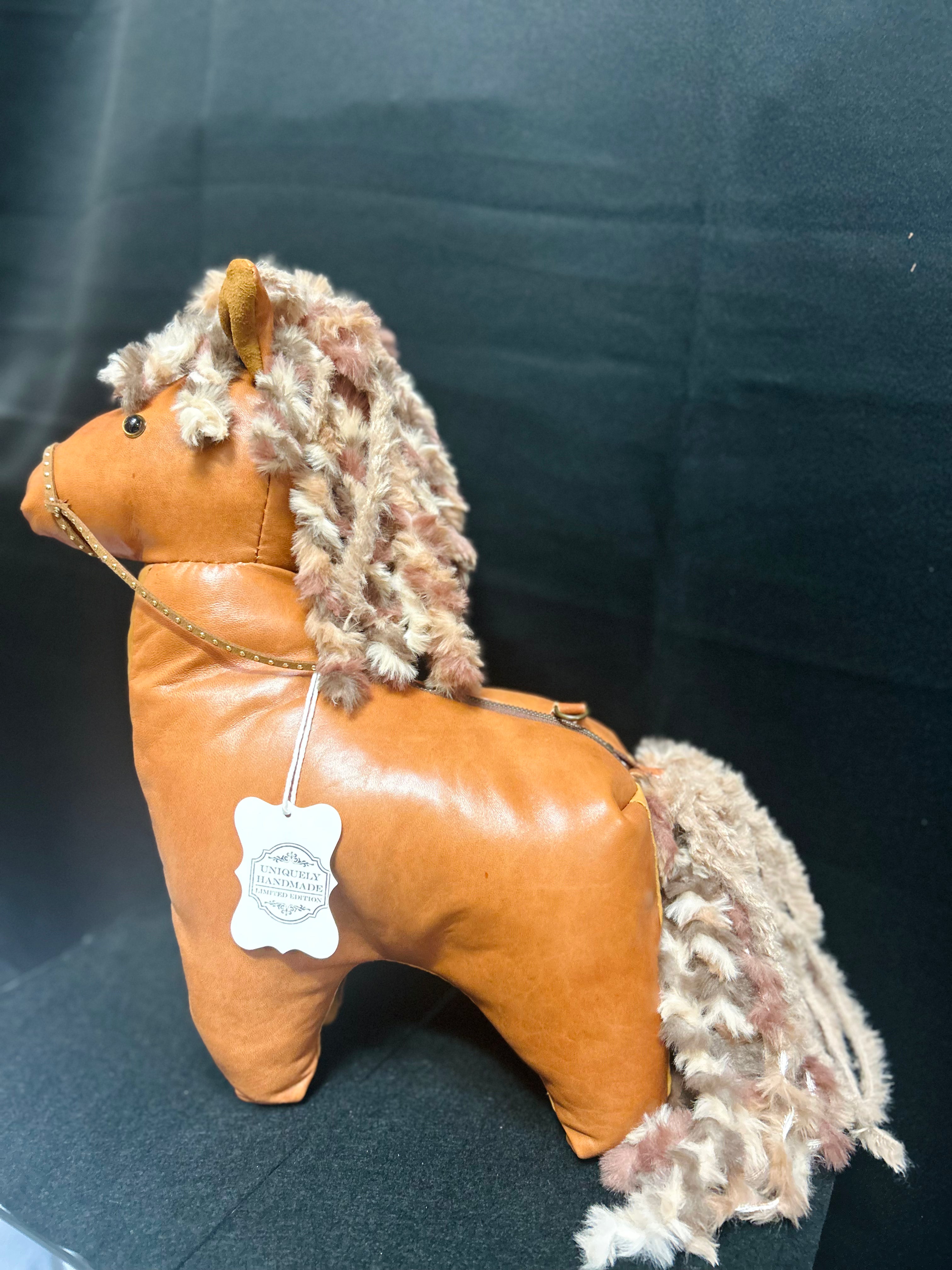 Handcrafted Leather Chestnut Horse Purse with Curly Cream & Brown Mane