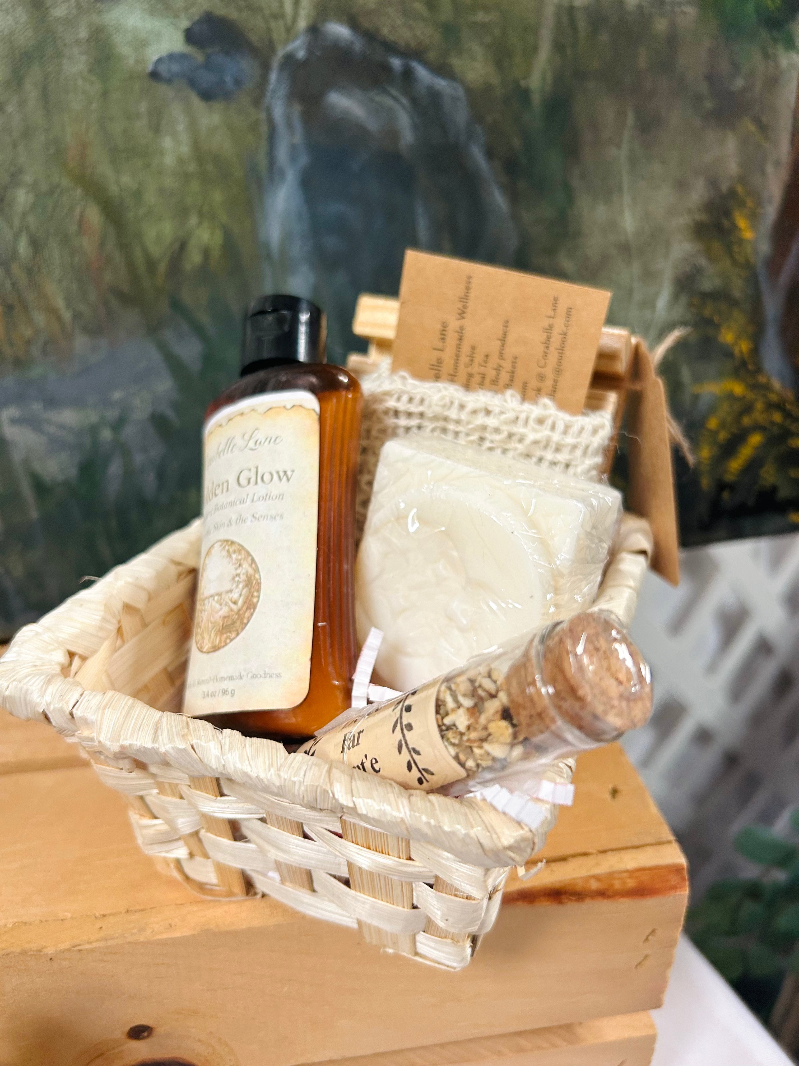Spa Gift Basket with Handmade Lotion, Artisan Soap & Tea Gift Set
