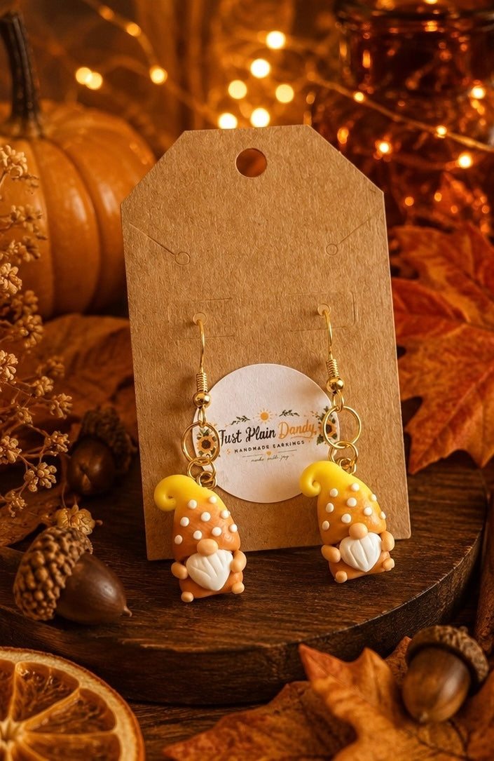 Orange & Yellow Gnome Dangle Earrings Whimsical Fall Earrings