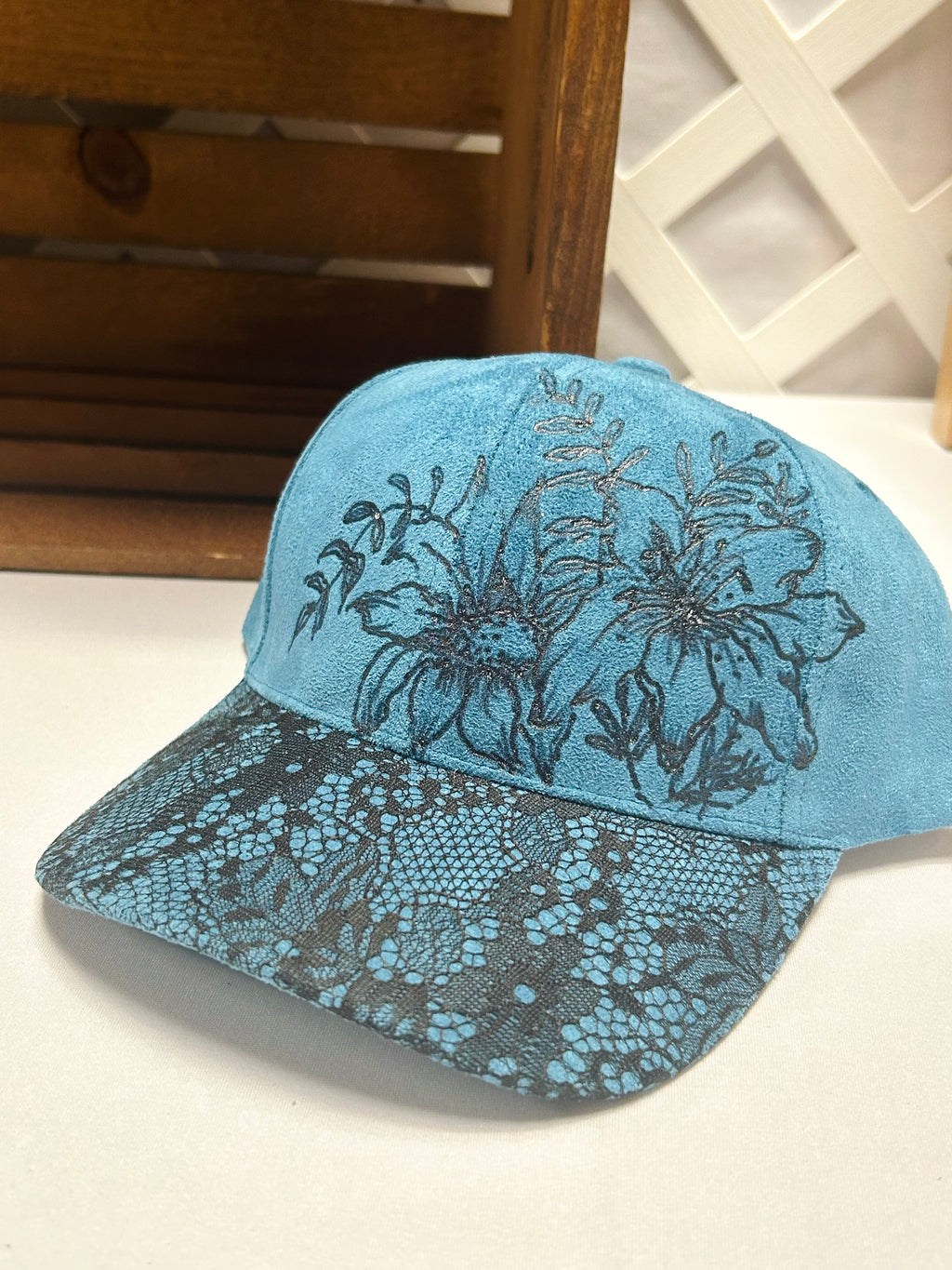 Hand-Burned Floral Blue Faux Suede Hat with Lace Brim