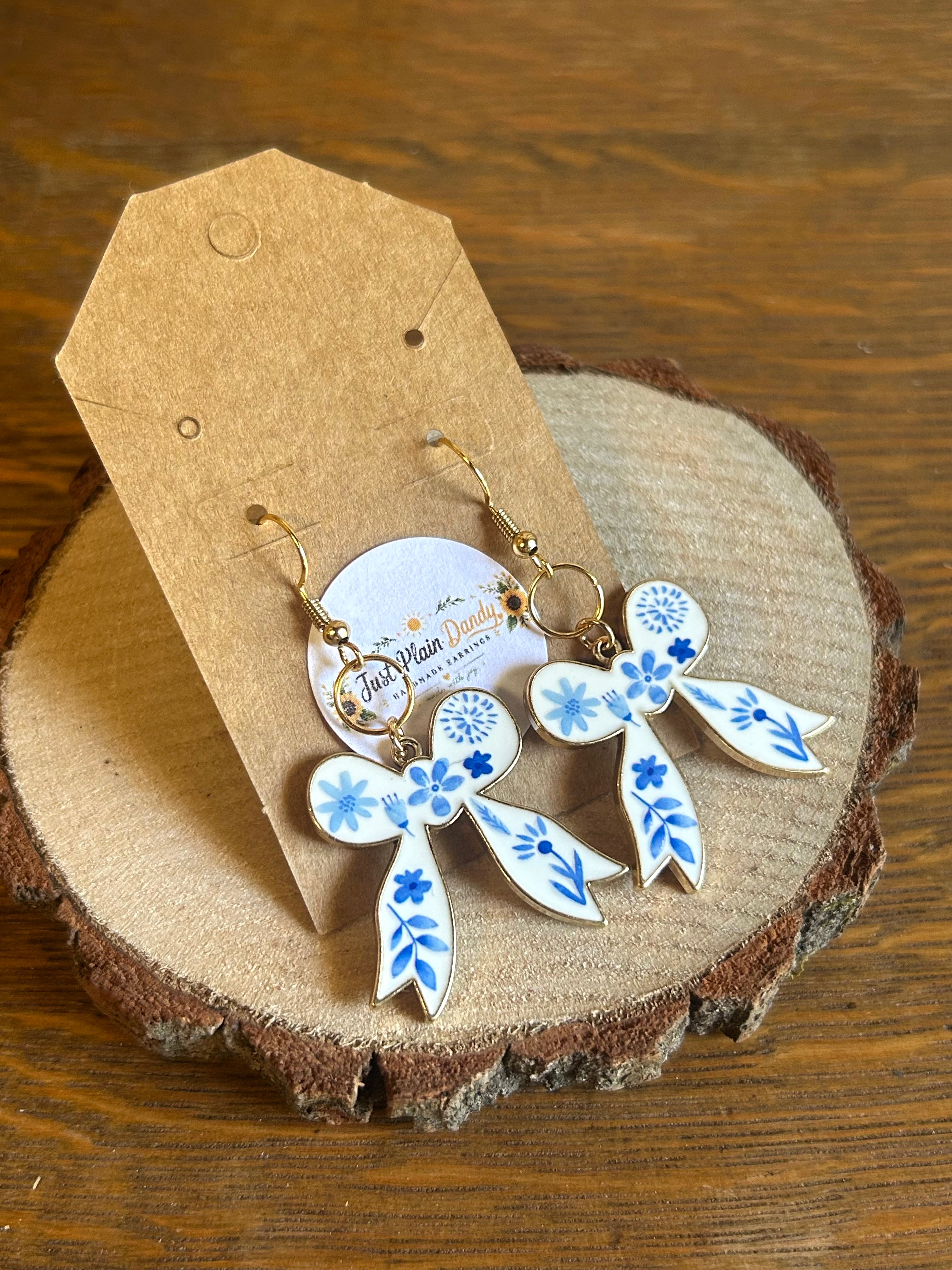 Blue & White Floral Bow Dangle Earrings with Gold-Tone Accents