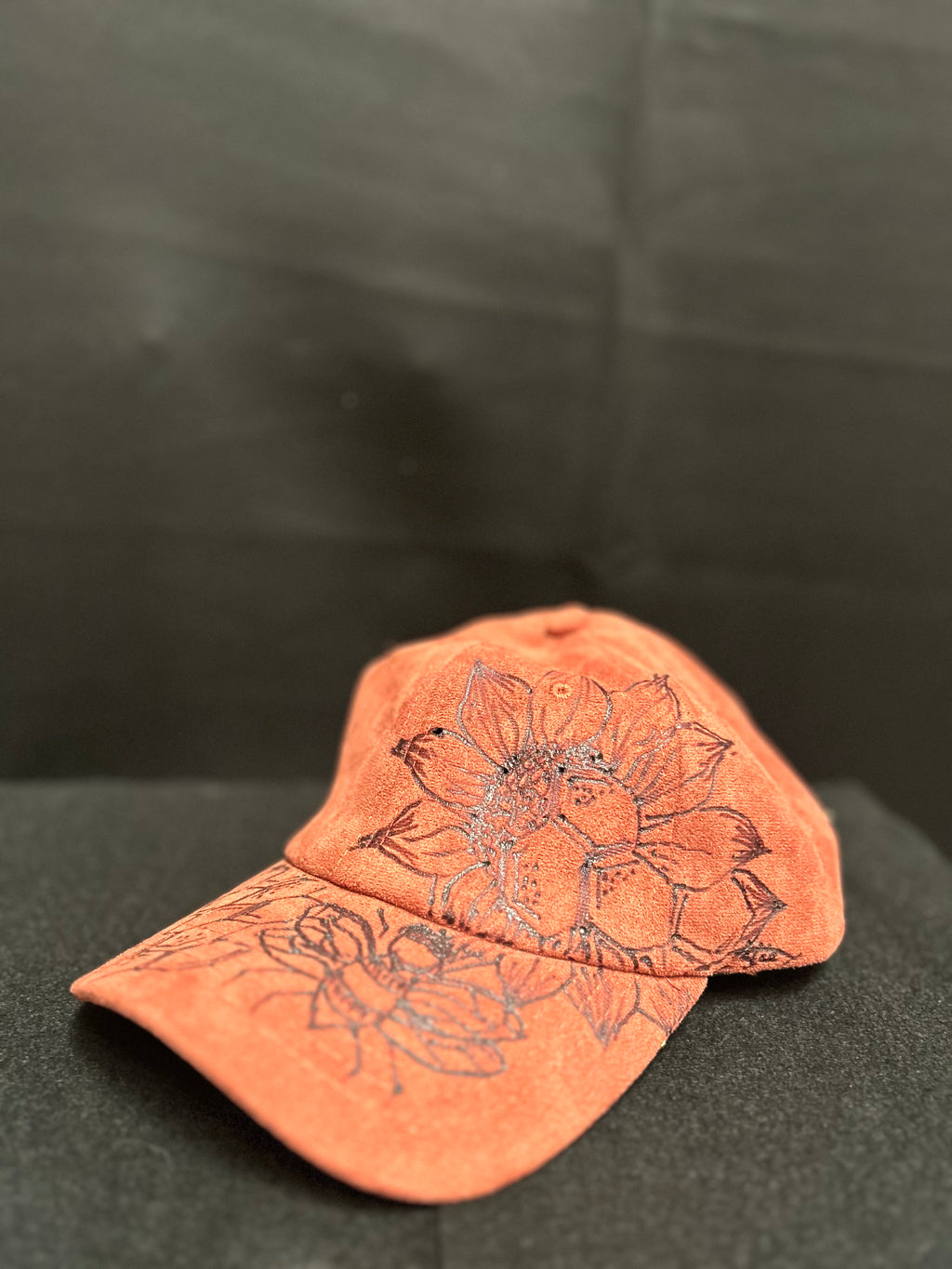 Rust Floral Pyrography Faux Suede Baseball Hat Adjustable