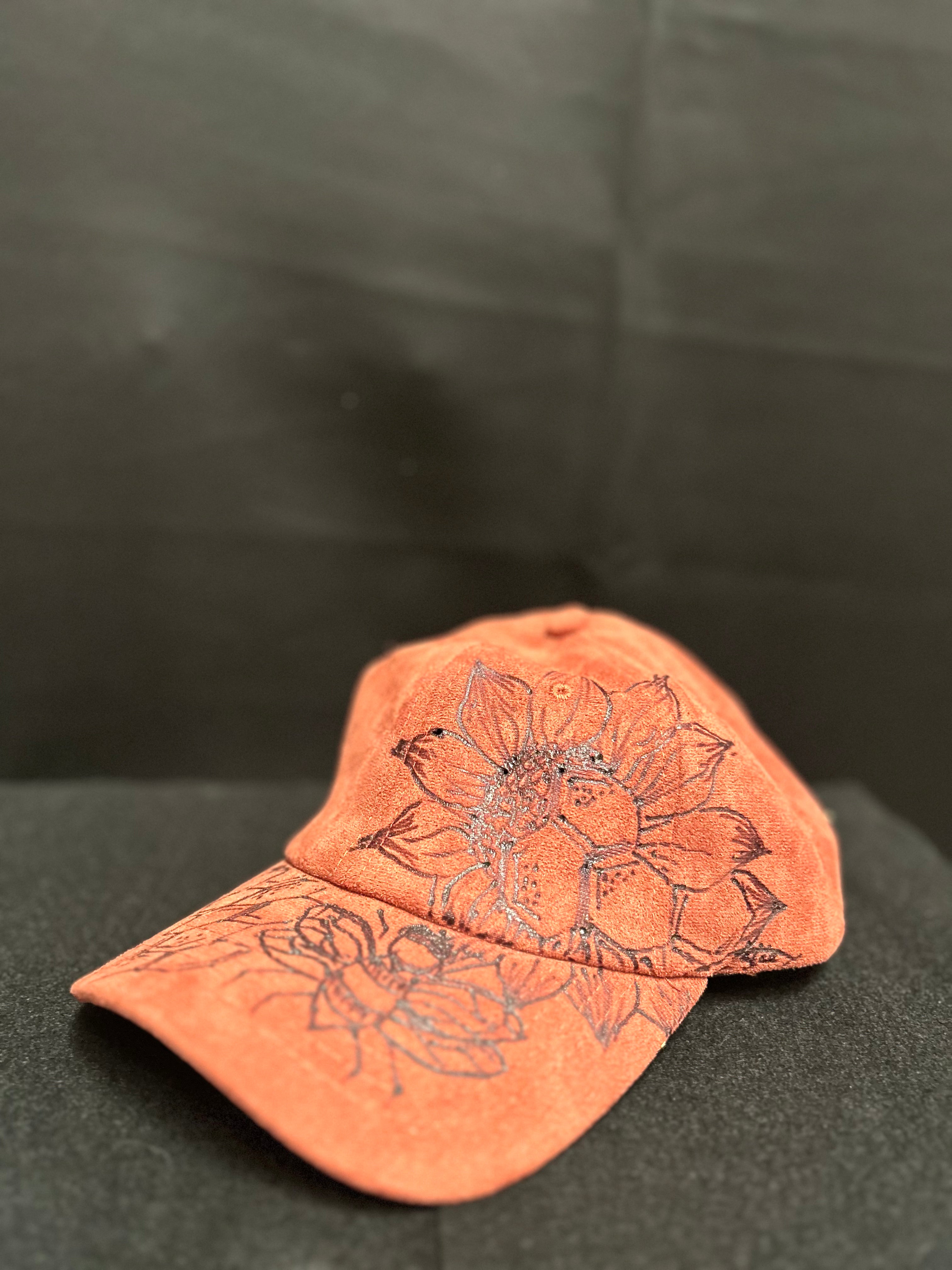 Rust Floral Pyrography Faux Suede Baseball Hat Adjustable