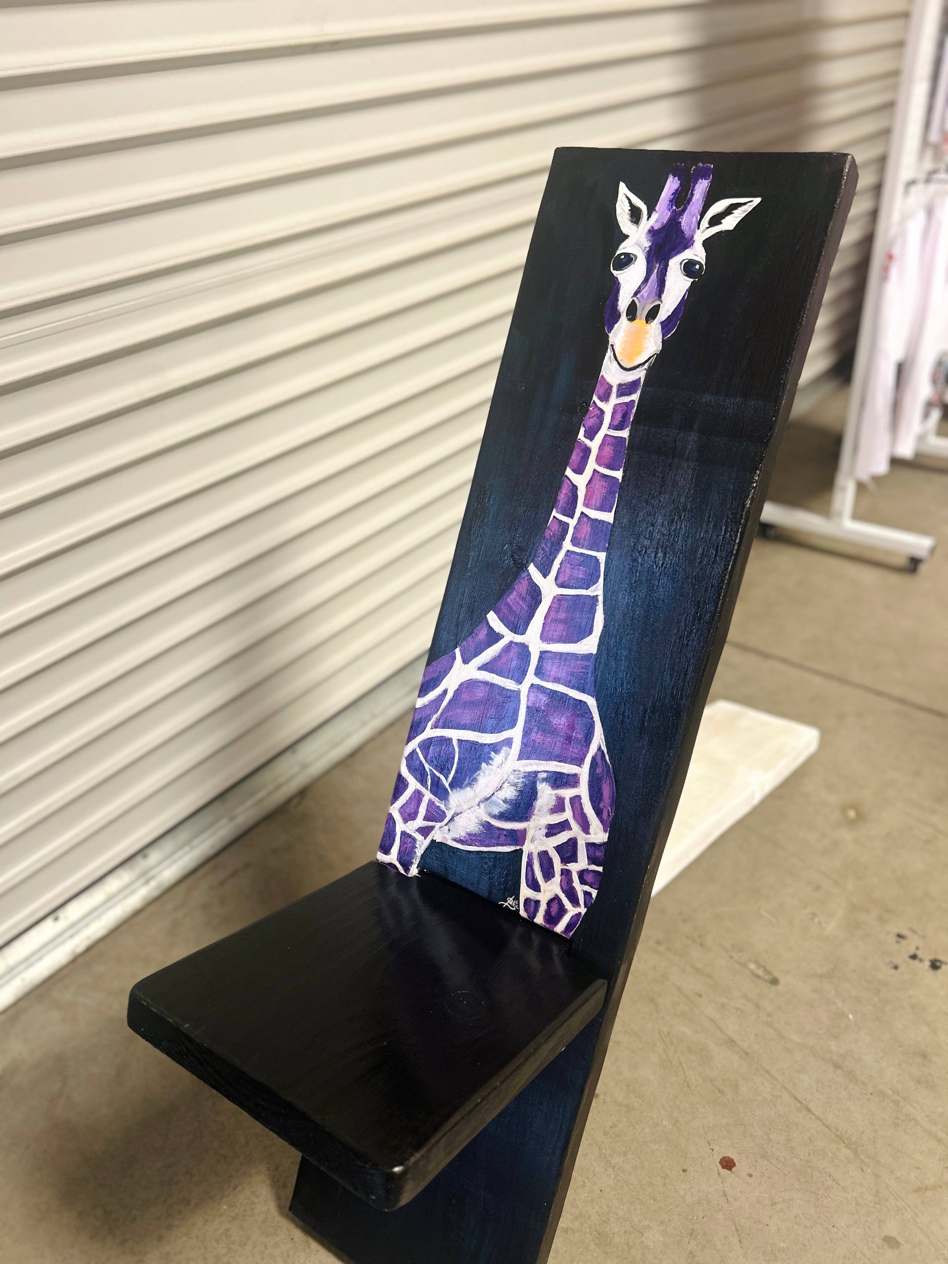 Hand-Painted Purple Giraffe Viking Chair Handcrafted Wooden Accent Chair