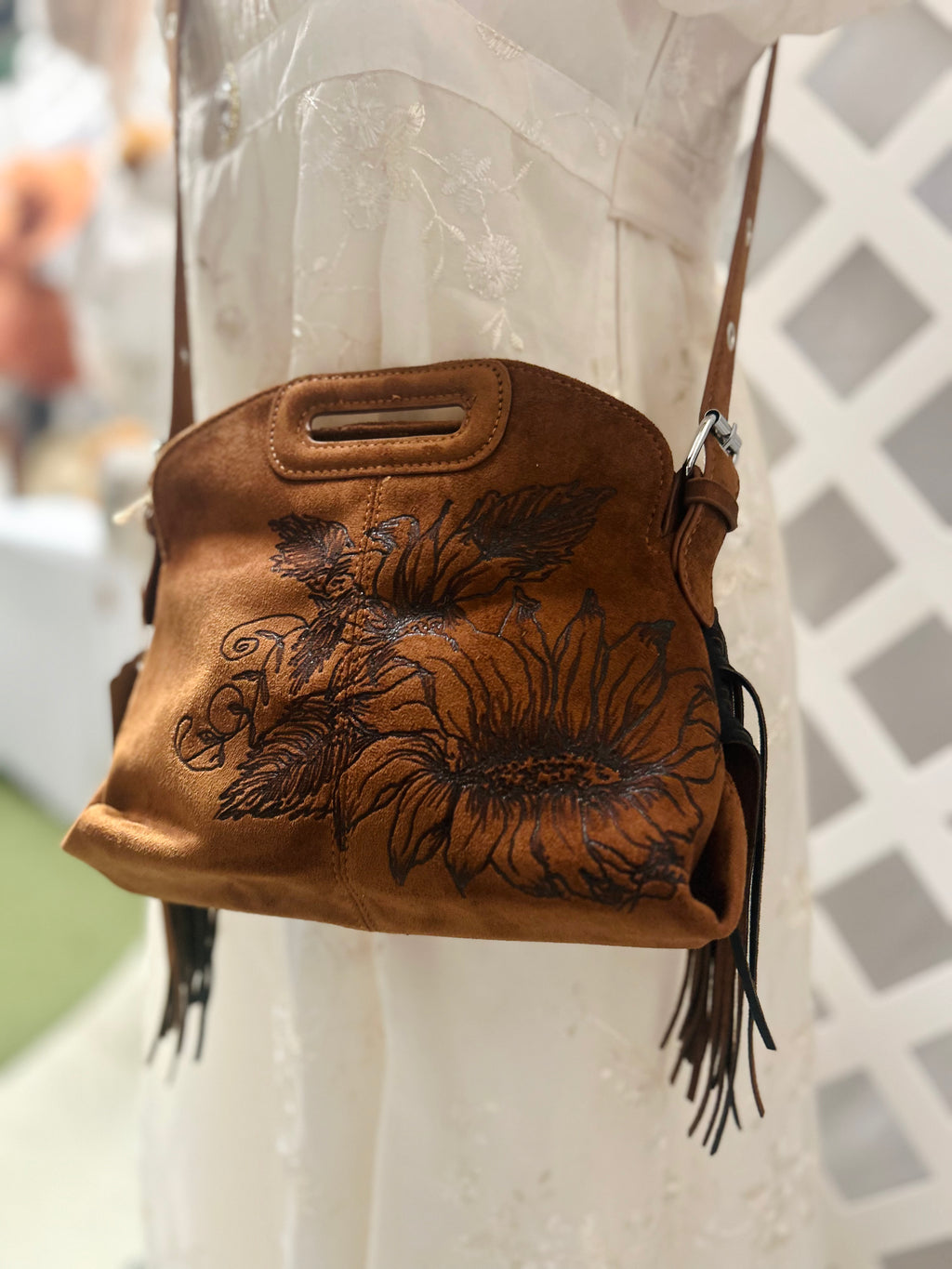Hand-Burned Sunflower Crossbody Bag with Fringe