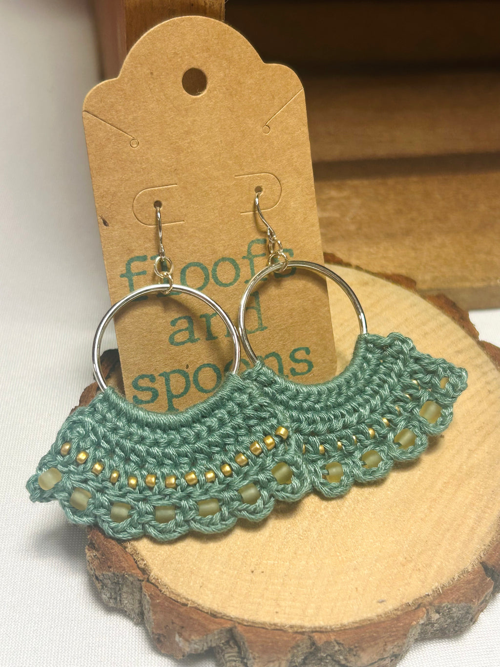 Sage Green Beaded Crochet Hoop Earrings
