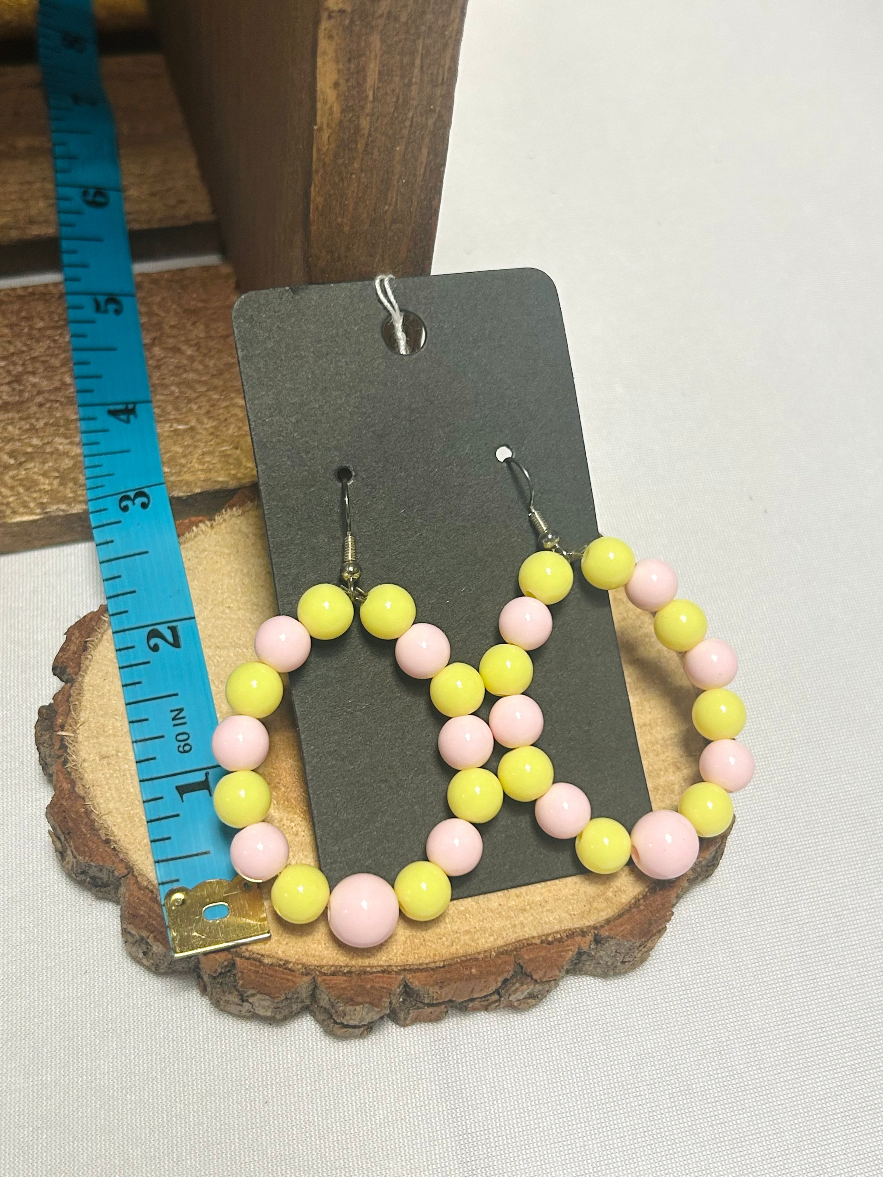 Handmade Beaded Hoop Earrings Pink and Yellow