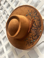 Camel Brown Wide Brim Floral Pyrography Hat with Turquoise Accents