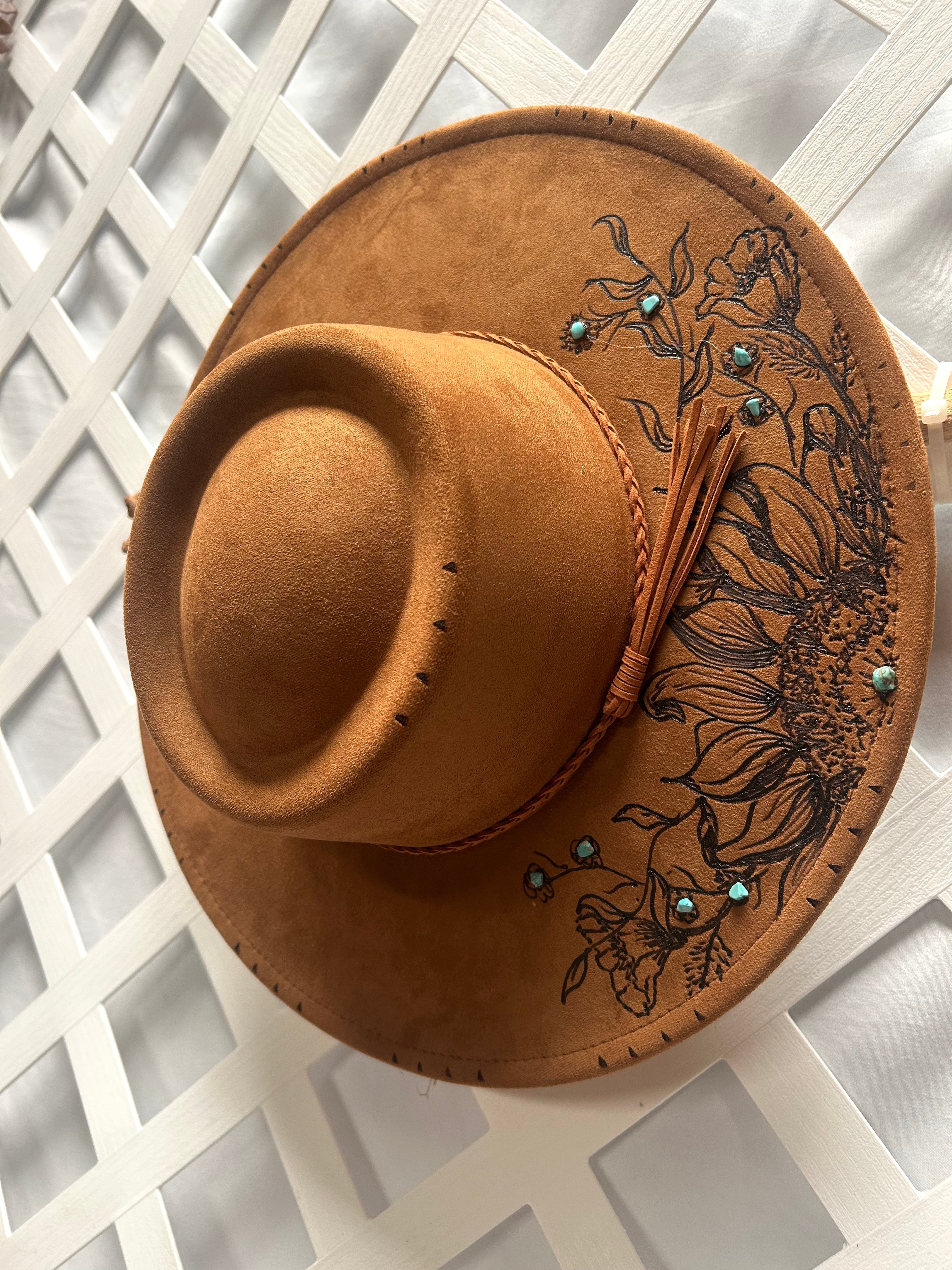 Camel Brown Wide Brim Floral Pyrography Hat with Turquoise Accents