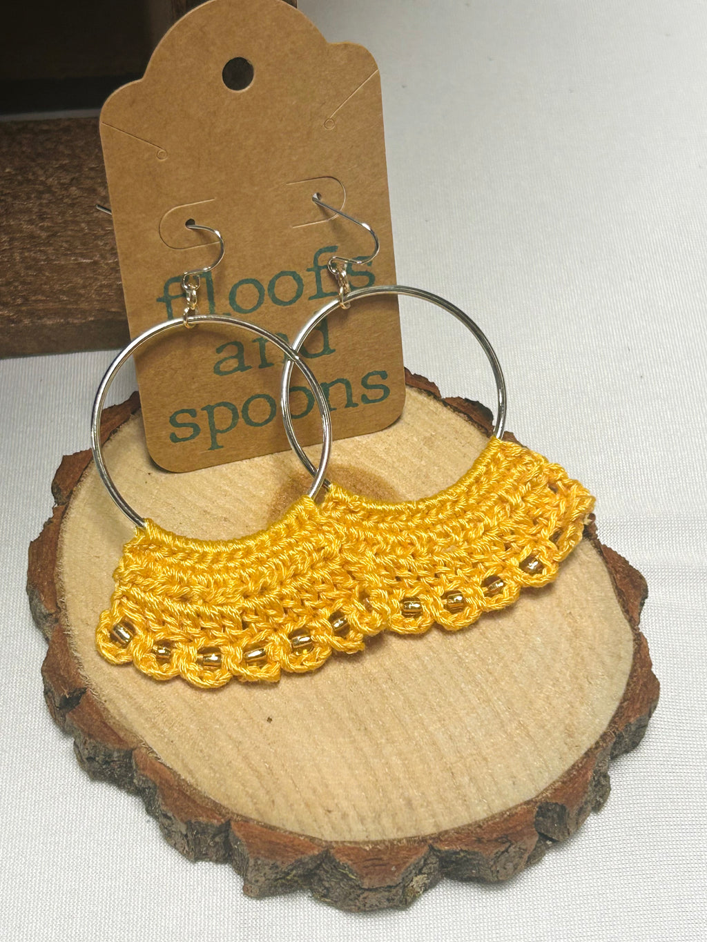 Mustard Yellow Crochet Hoop Earrings with Gold Bead Accents