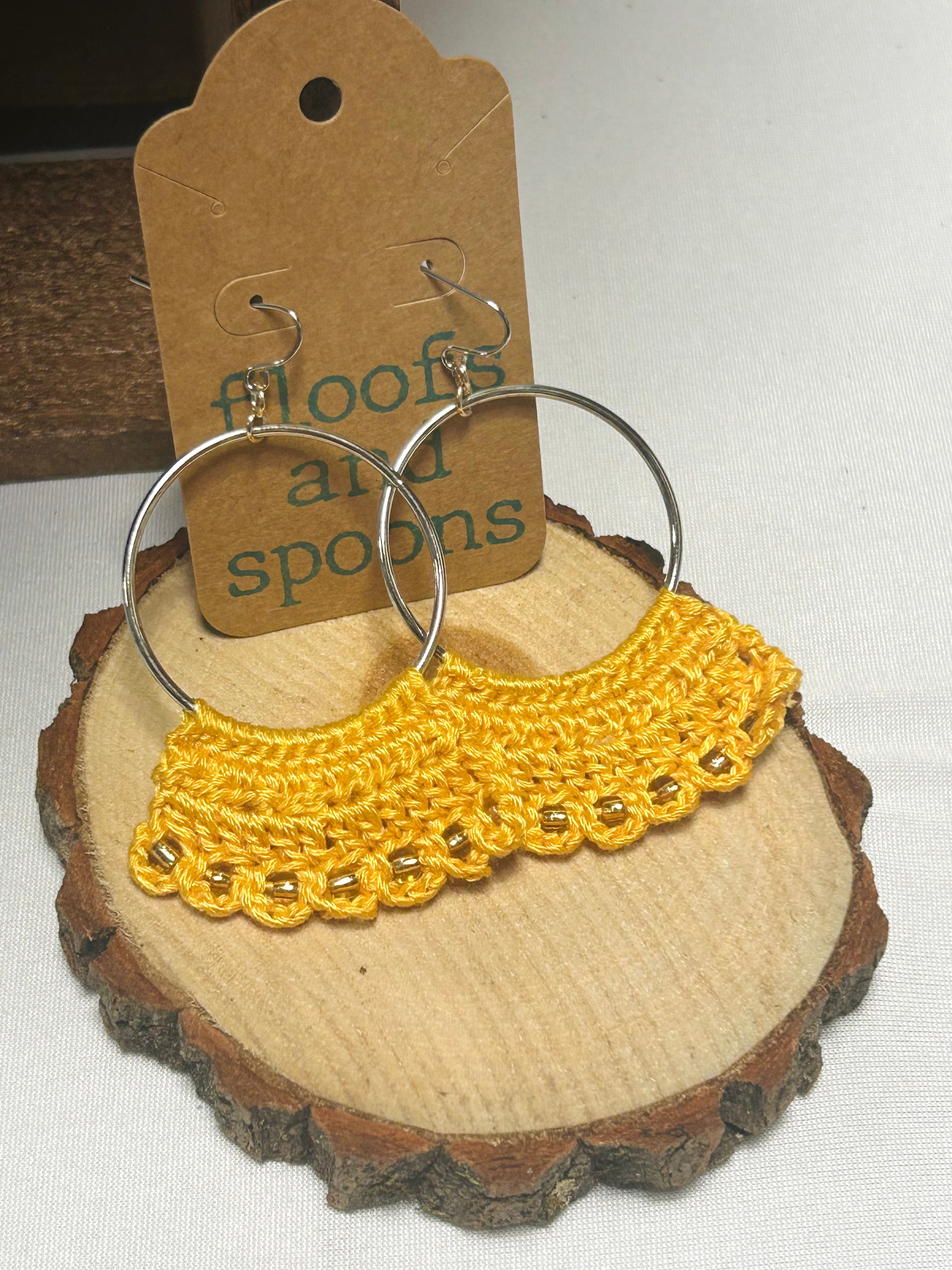 Mustard Yellow Crochet Hoop Earrings with Gold Bead Accents