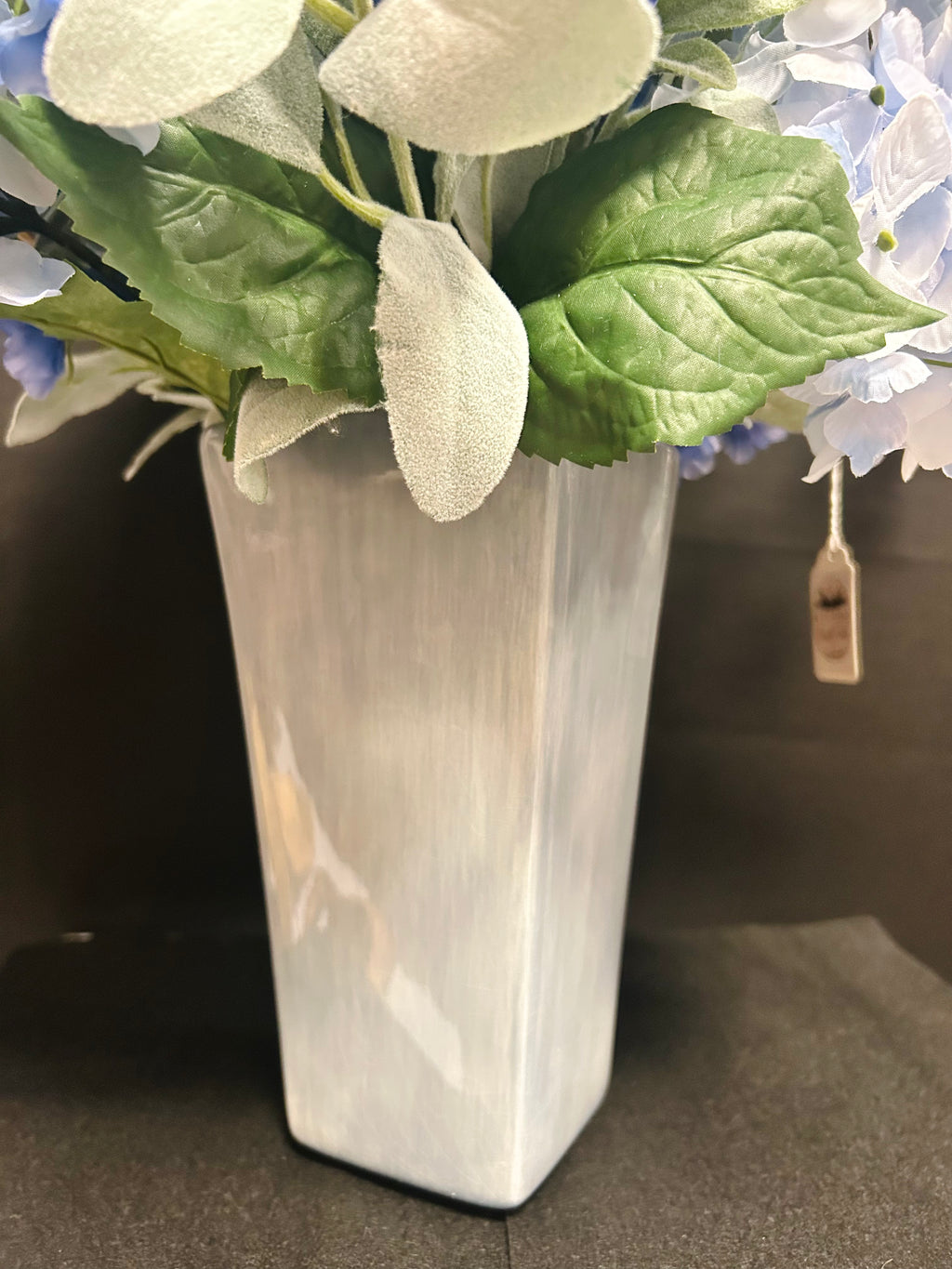 Blue Hydrangea Floral Arrangement in Marble-Look Vase