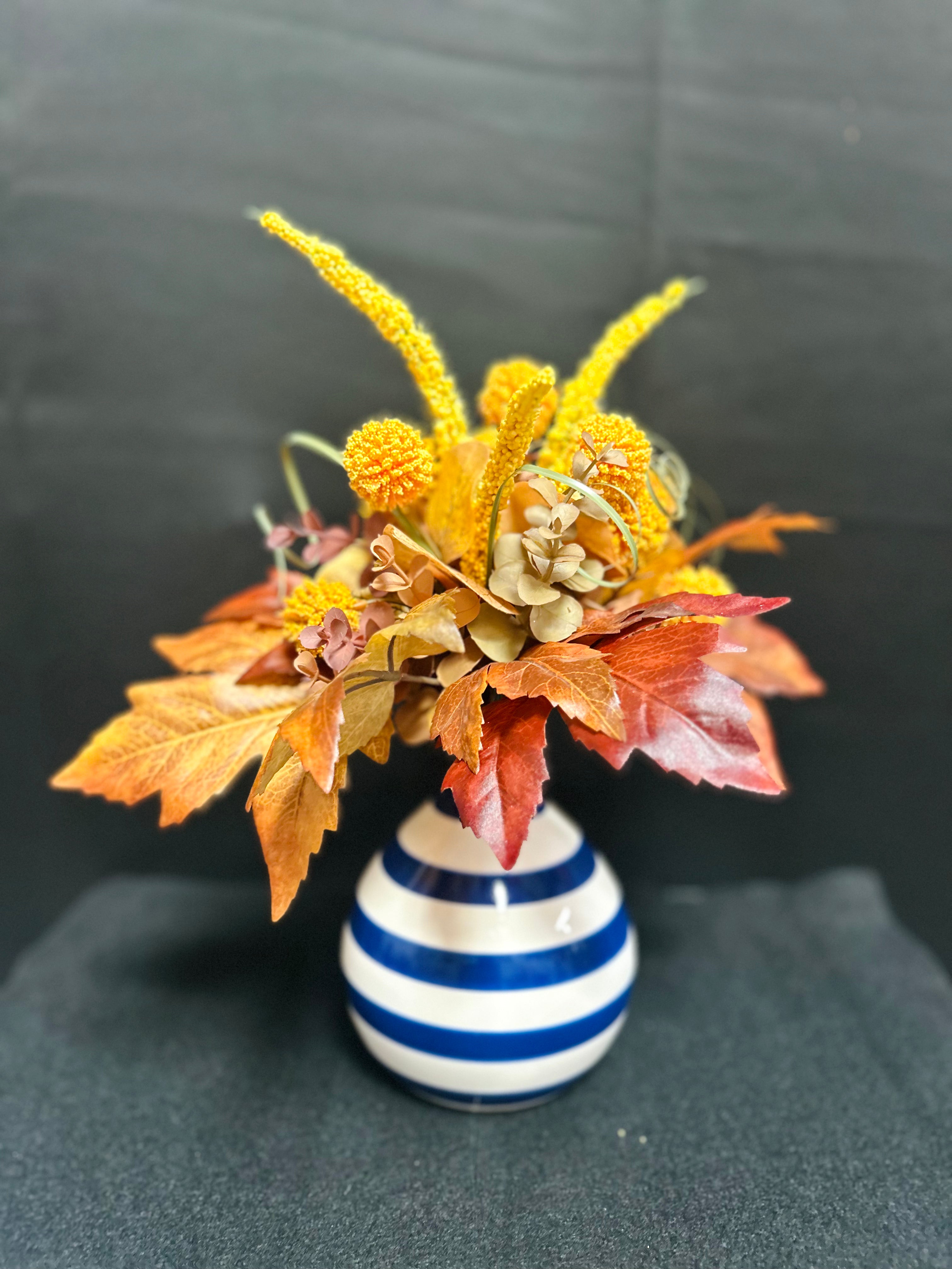 Autumn Floral Arrangement in Blue & White Ceramic Vase