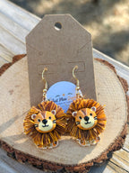 Lion Pom-Pom Dangle Earrings Brown & Golden Yellow