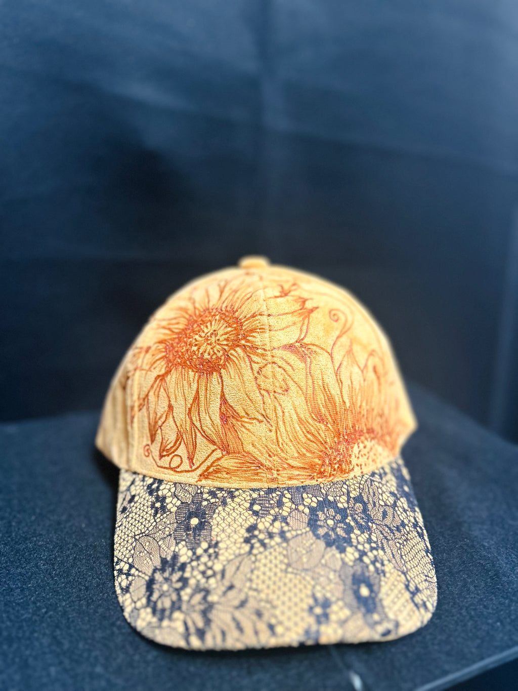 Hand Burned Sunflower Faux Suede Baseball Cap Mustard Yellow Lace Brim One of a Kind Fall Hat