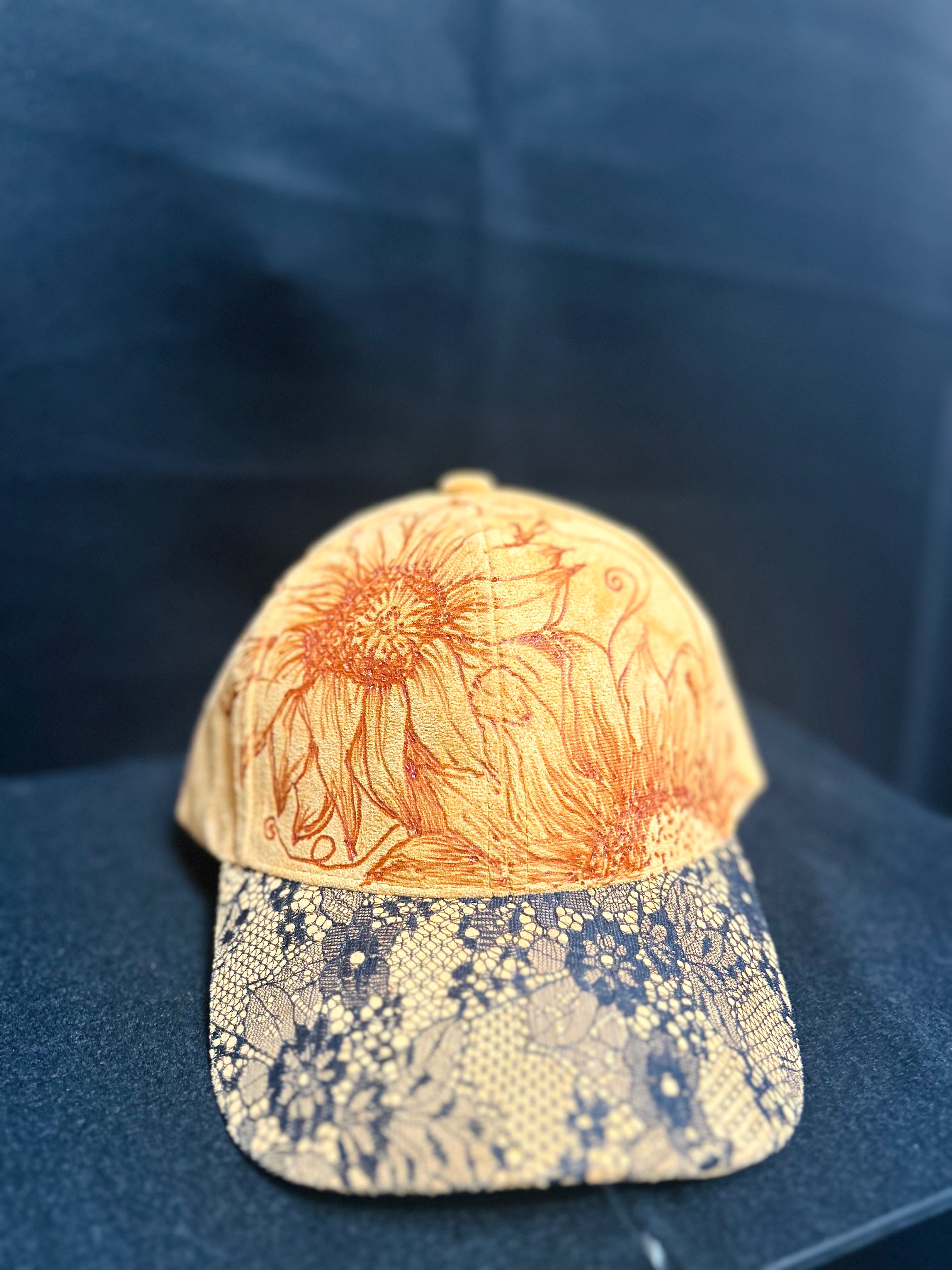 Hand Burned Sunflower Faux Suede Baseball Cap Mustard Yellow Lace Brim One of a Kind Fall Hat