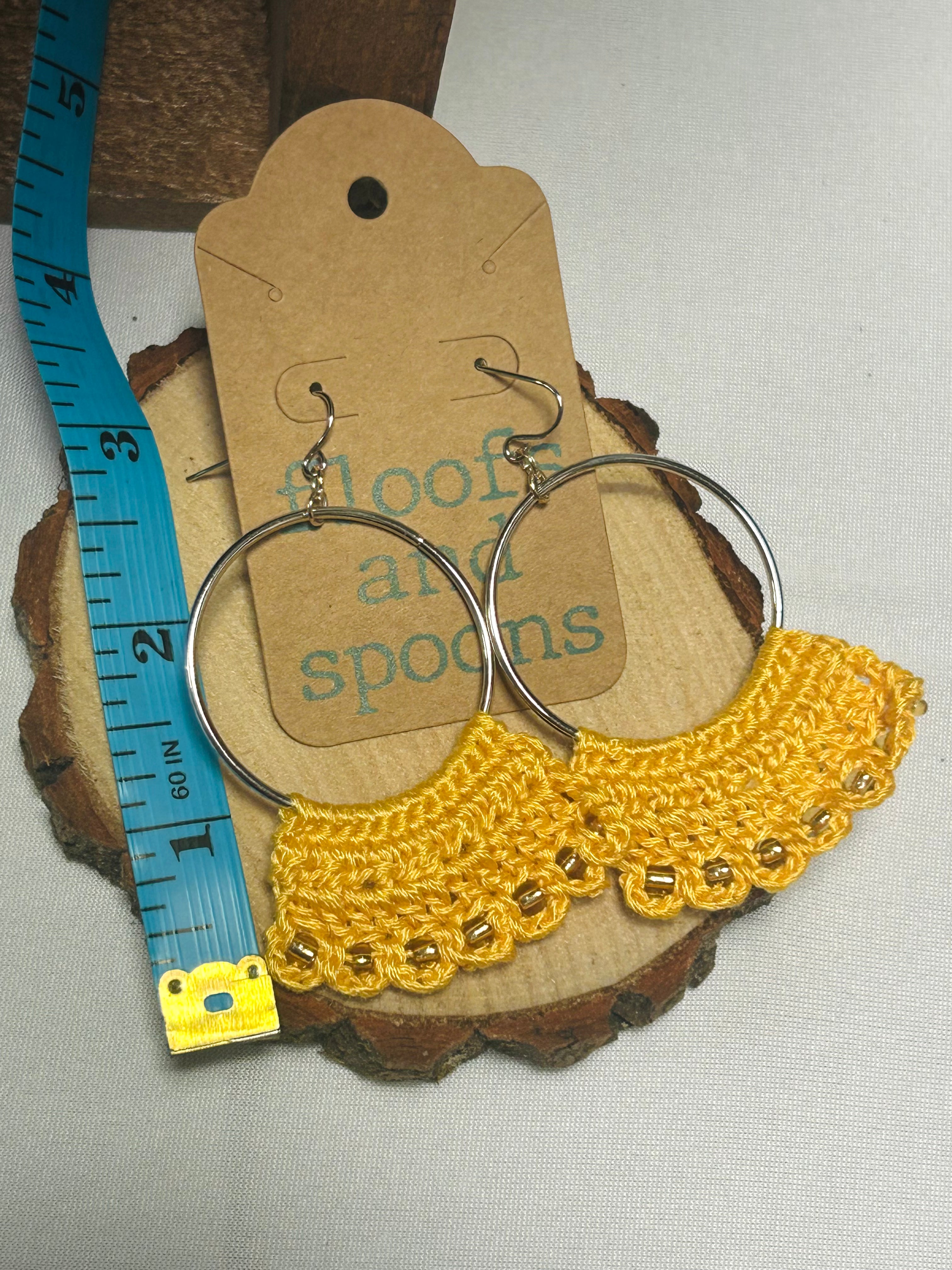 Mustard Yellow Crochet Hoop Earrings with Gold Bead Accents