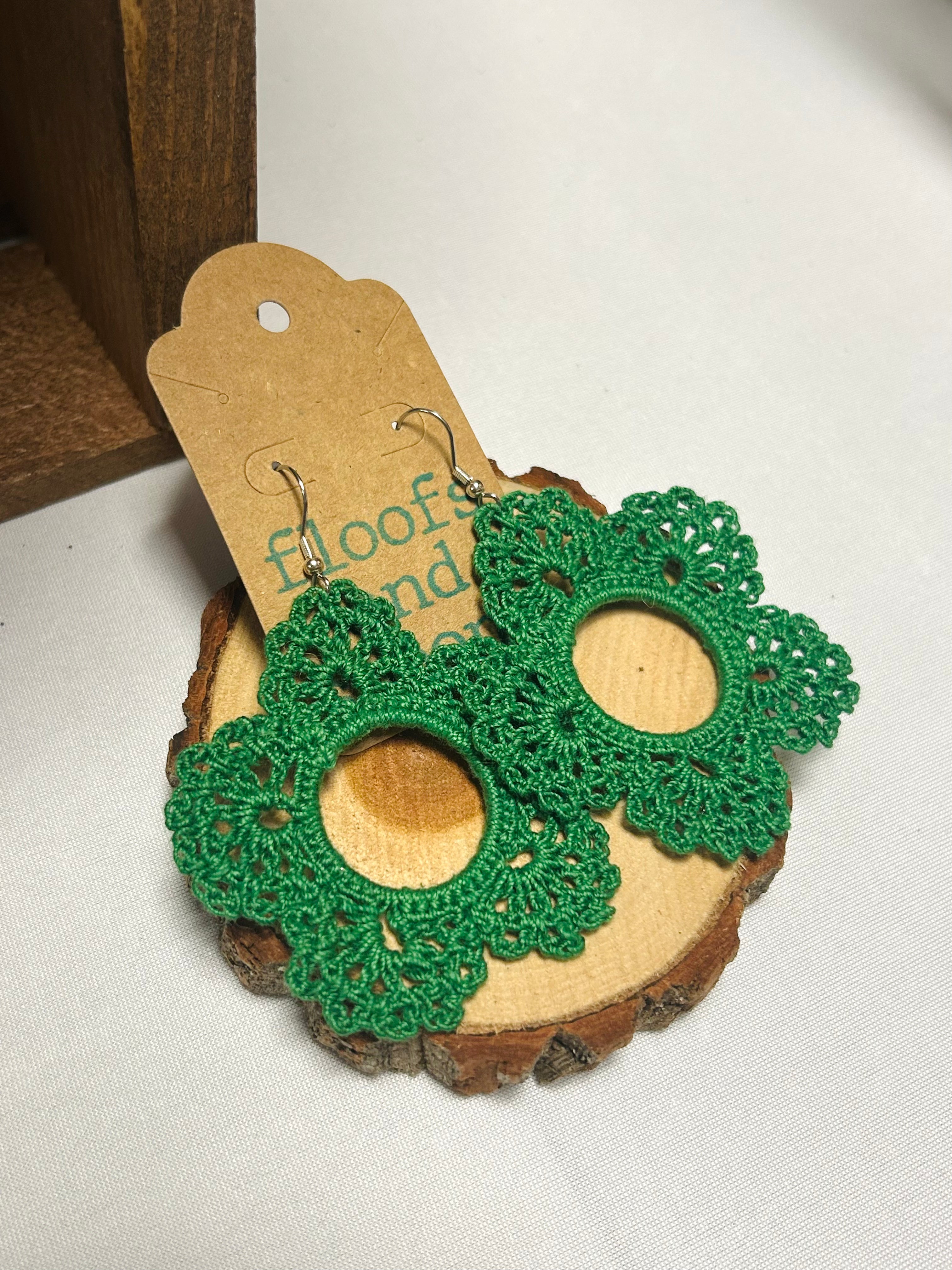 Emerald Green Crochet Floral Hoop Earrings Handmade Boho Lace Earrings