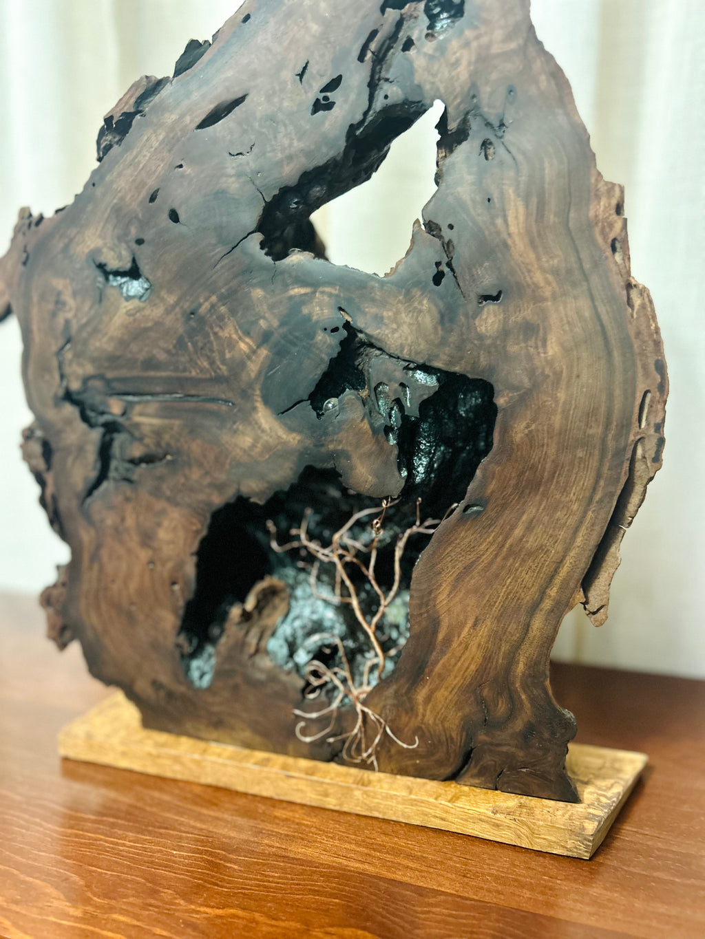 Live Edge Walnut Sculpture with Copper Tree