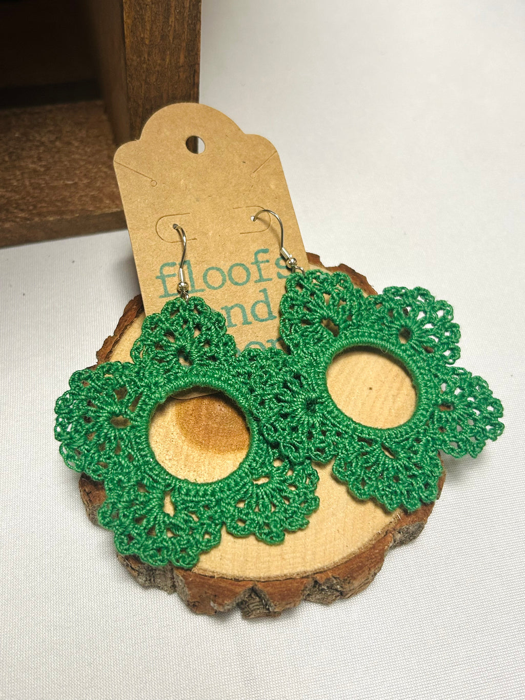 Emerald Green Crochet Floral Hoop Earrings Handmade Boho Lace Earrings