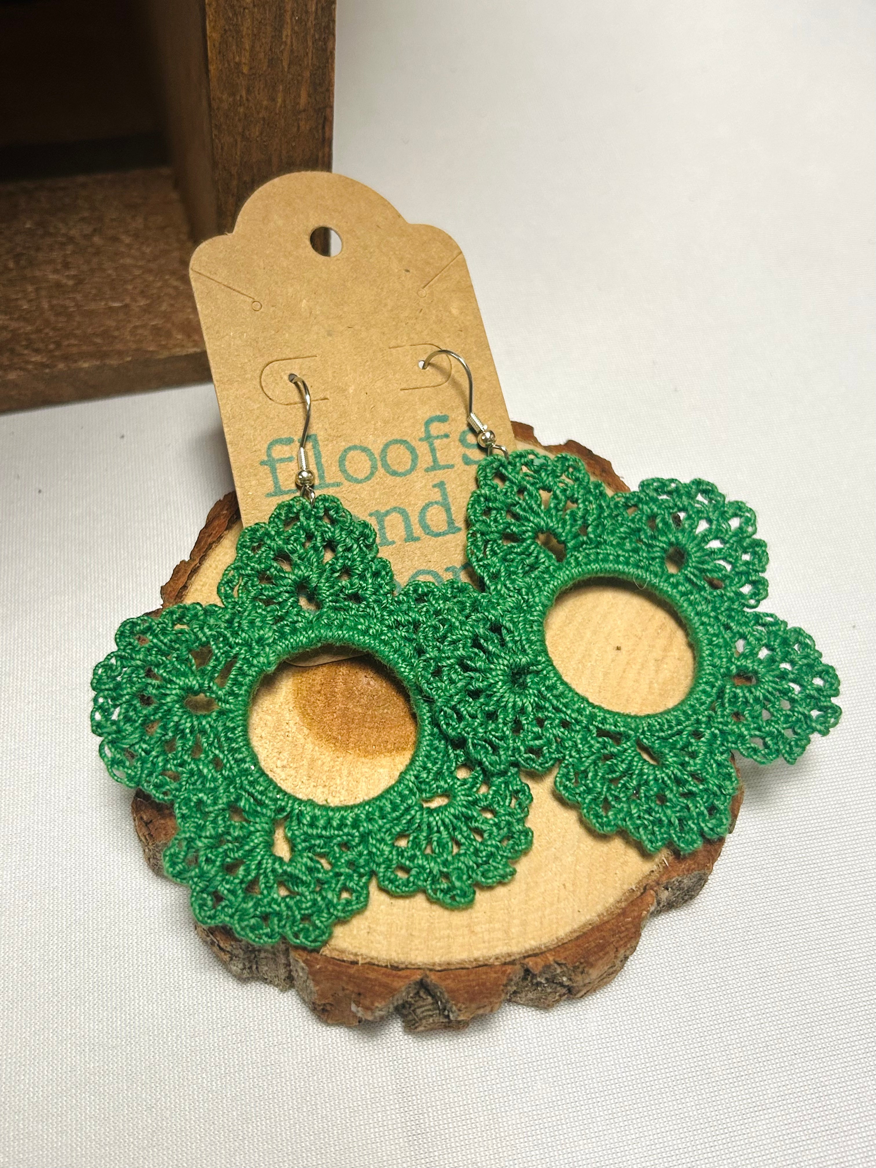 Emerald Green Crochet Floral Hoop Earrings Handmade Boho Lace Earrings