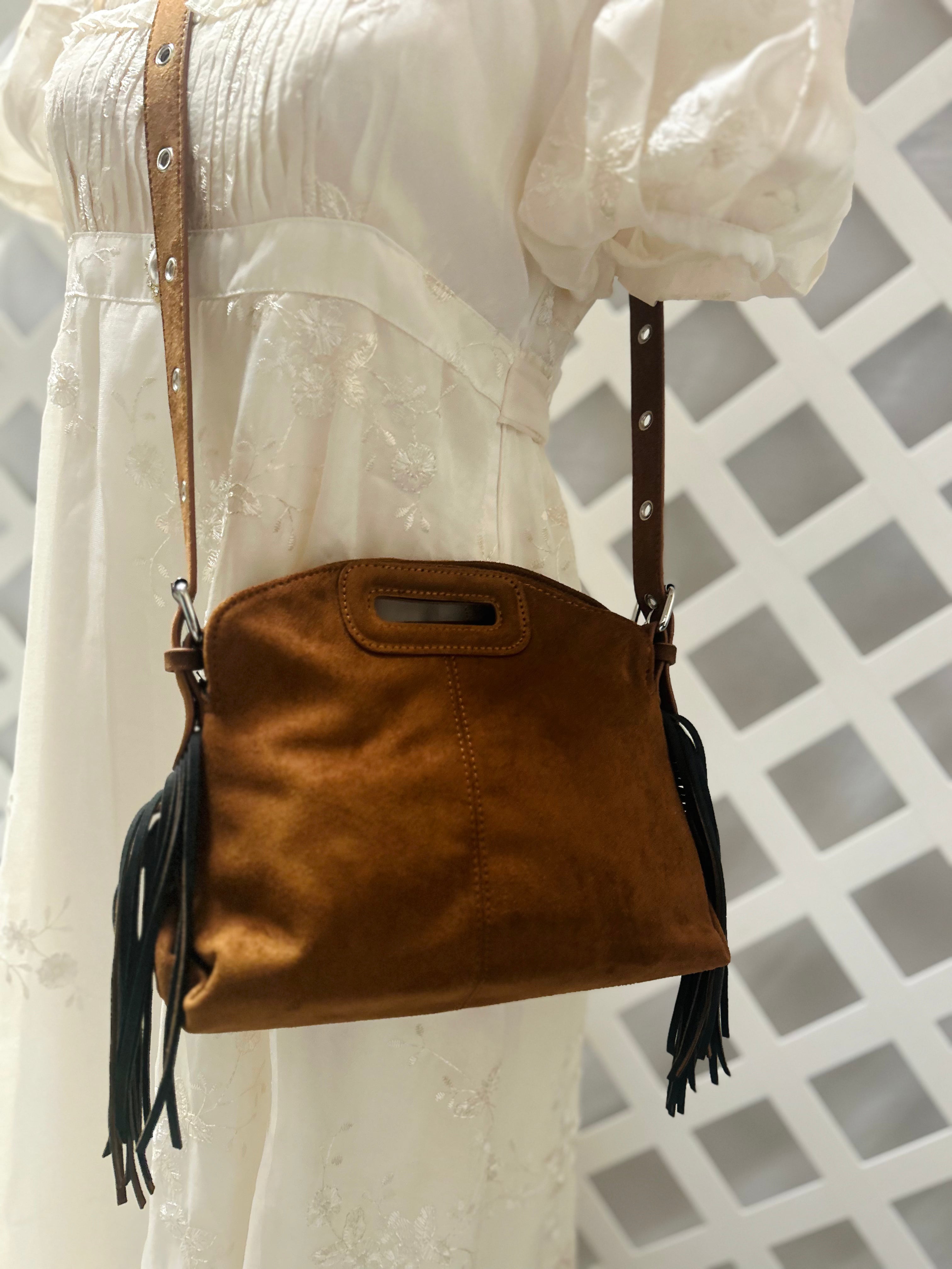 Hand-Burned Sunflower Crossbody Bag with Fringe