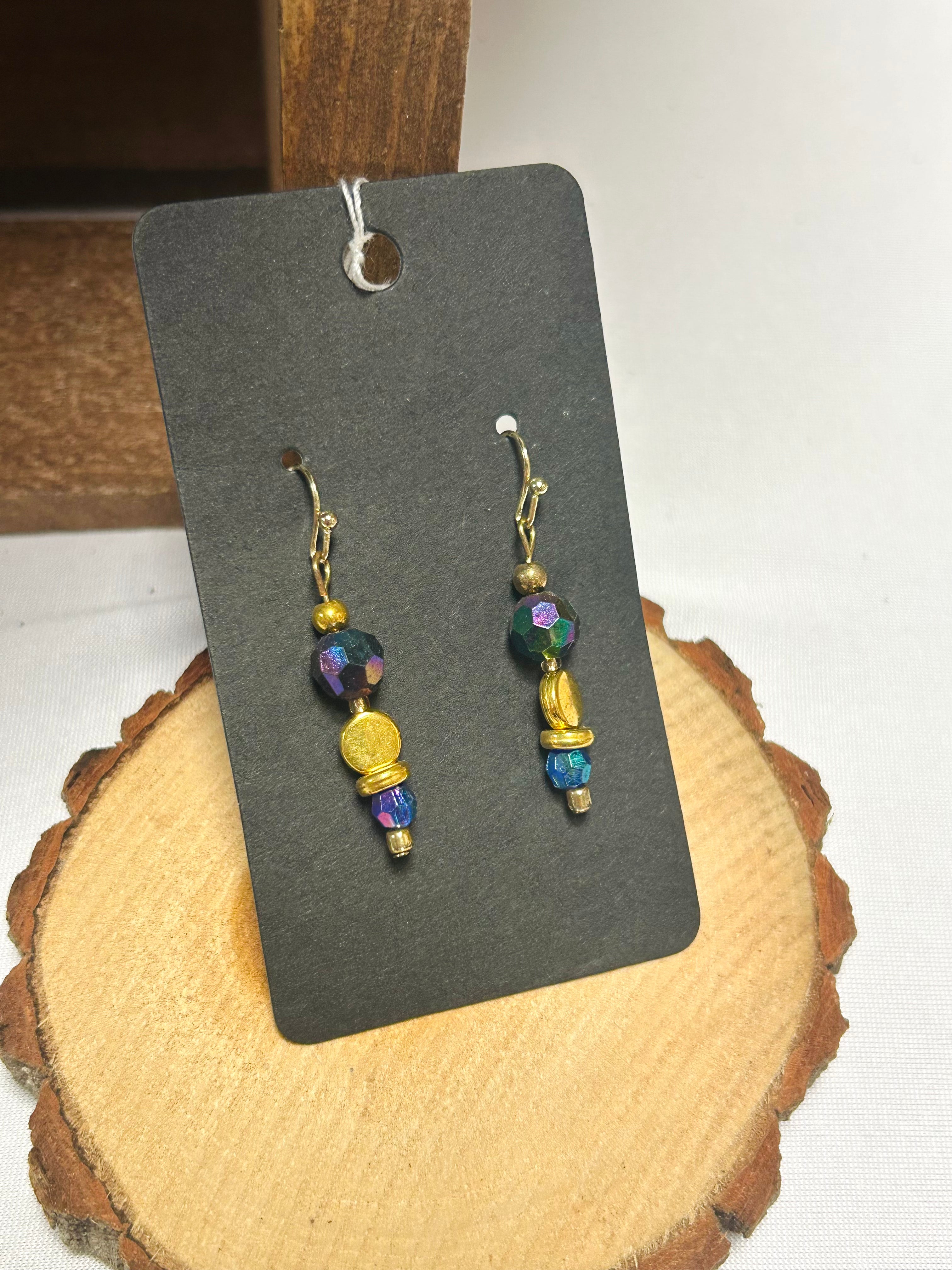 Blue & Gold Beaded Dangle Earrings with Iridescent Crystal Accents