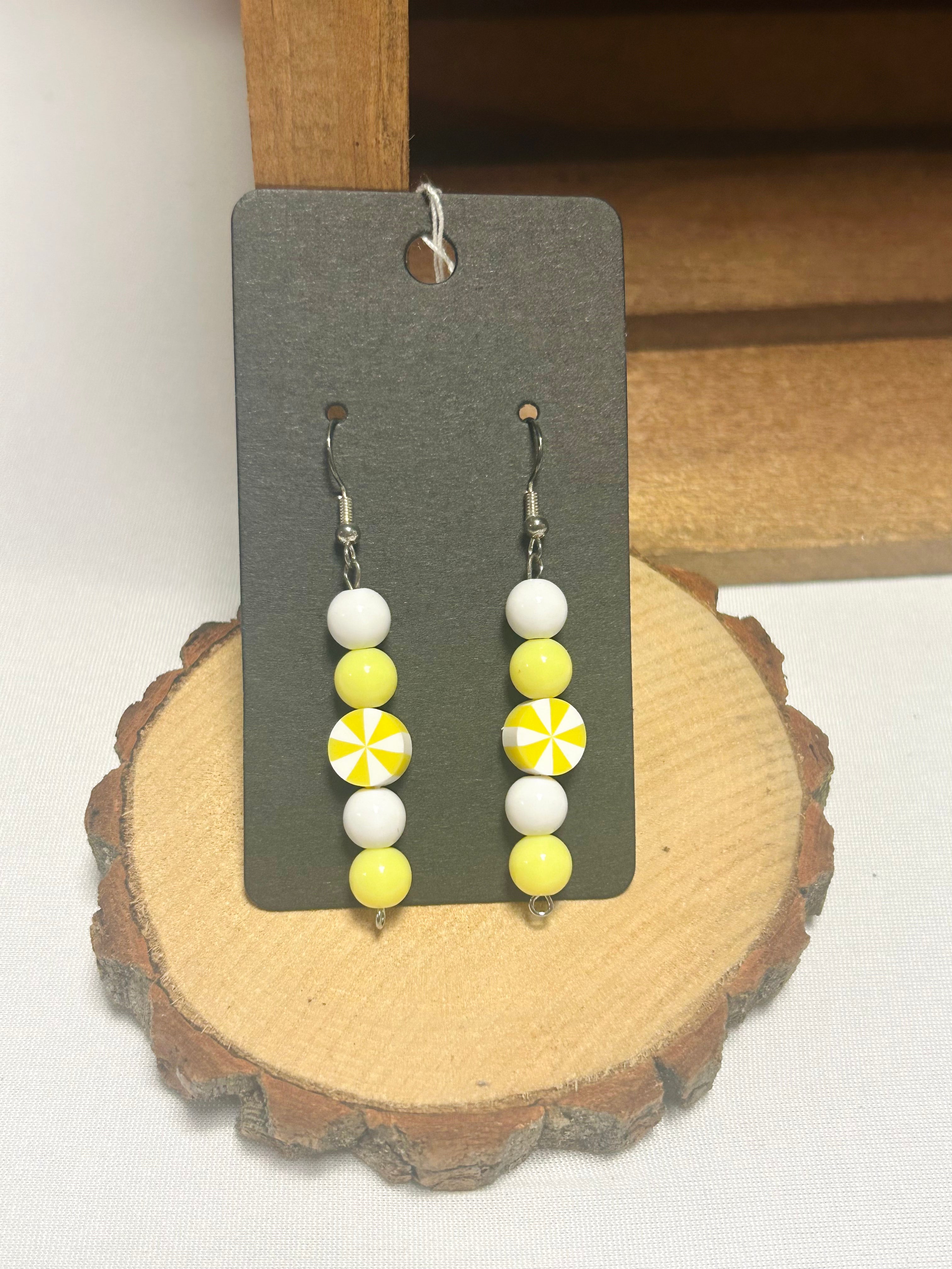 White & Yellow Beaded Dangle Earrings