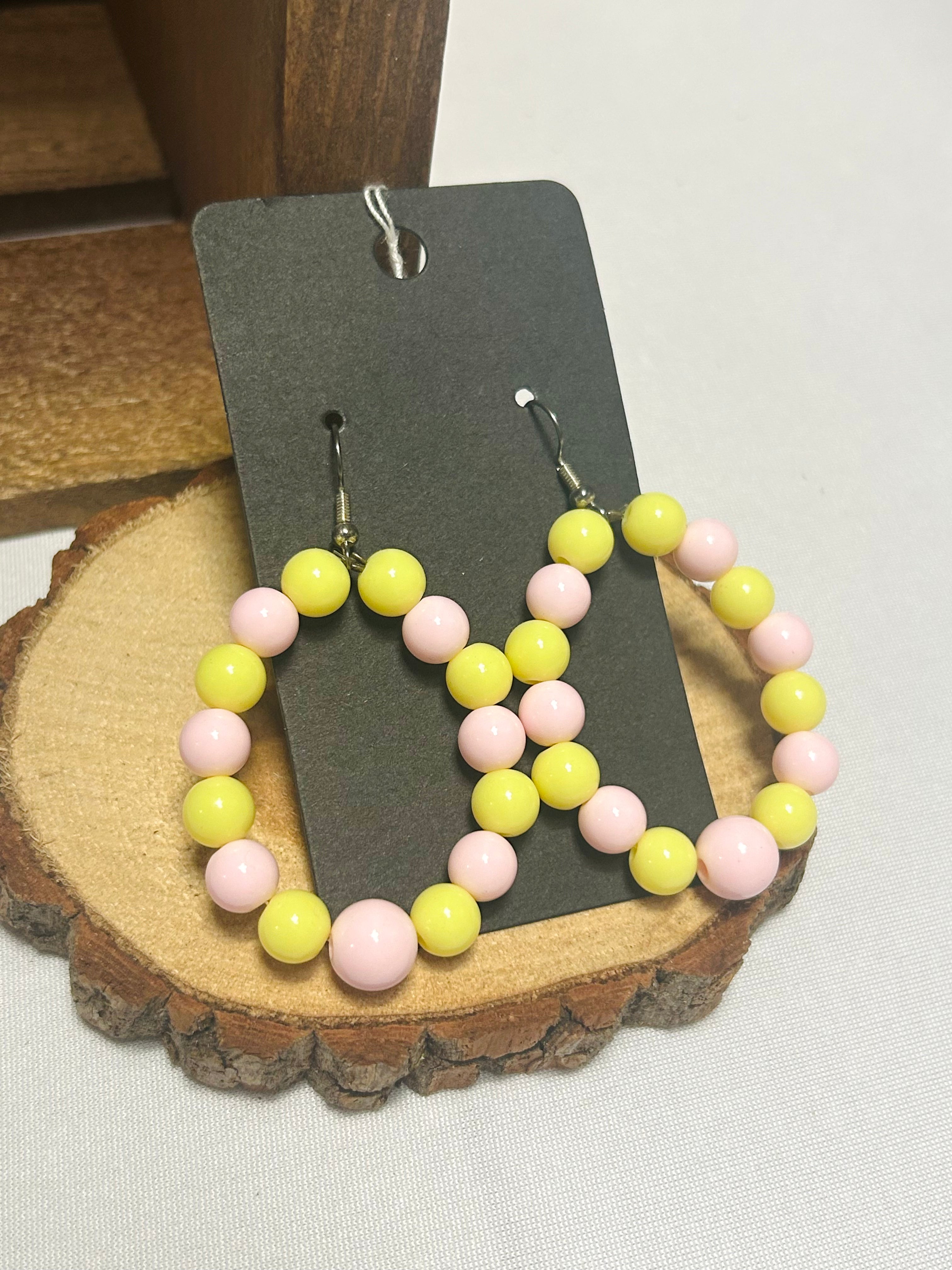 Handmade Beaded Hoop Earrings Pink and Yellow