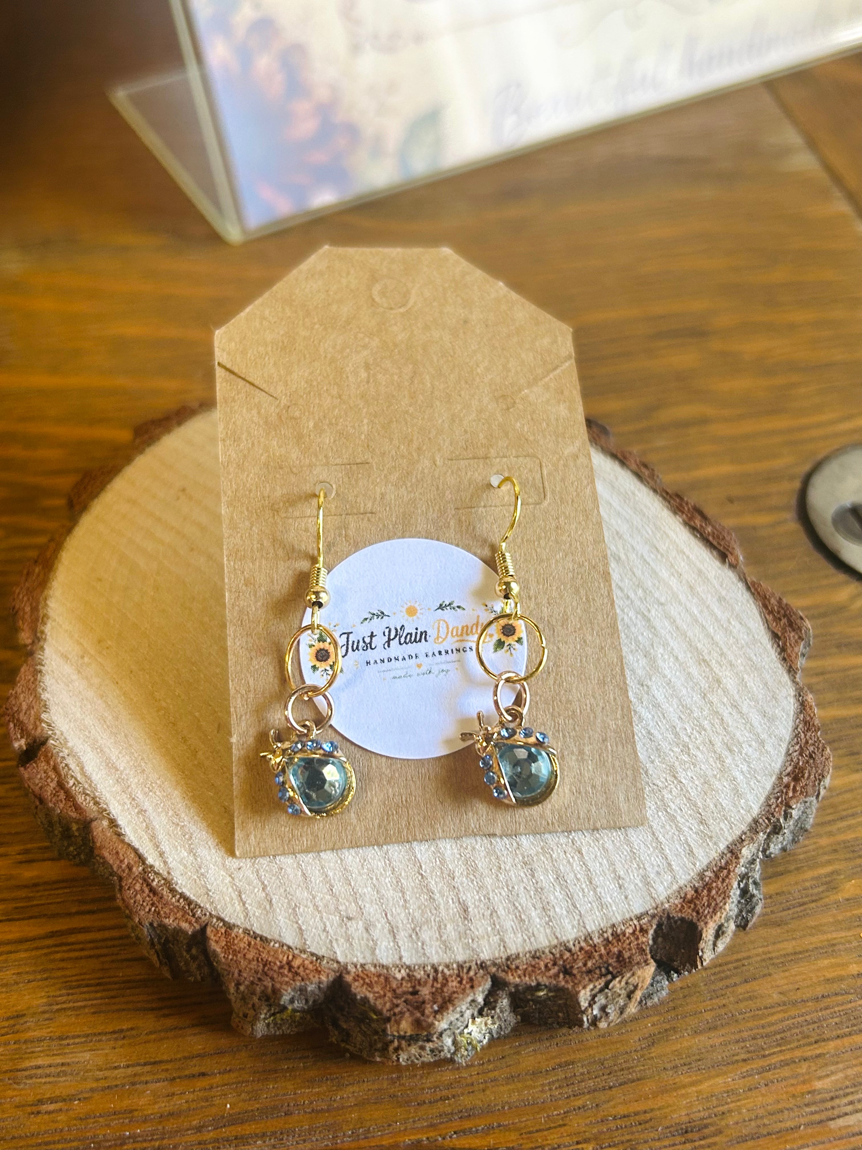 Blue Rhinestone Ladybug Gold Dangle Earrings