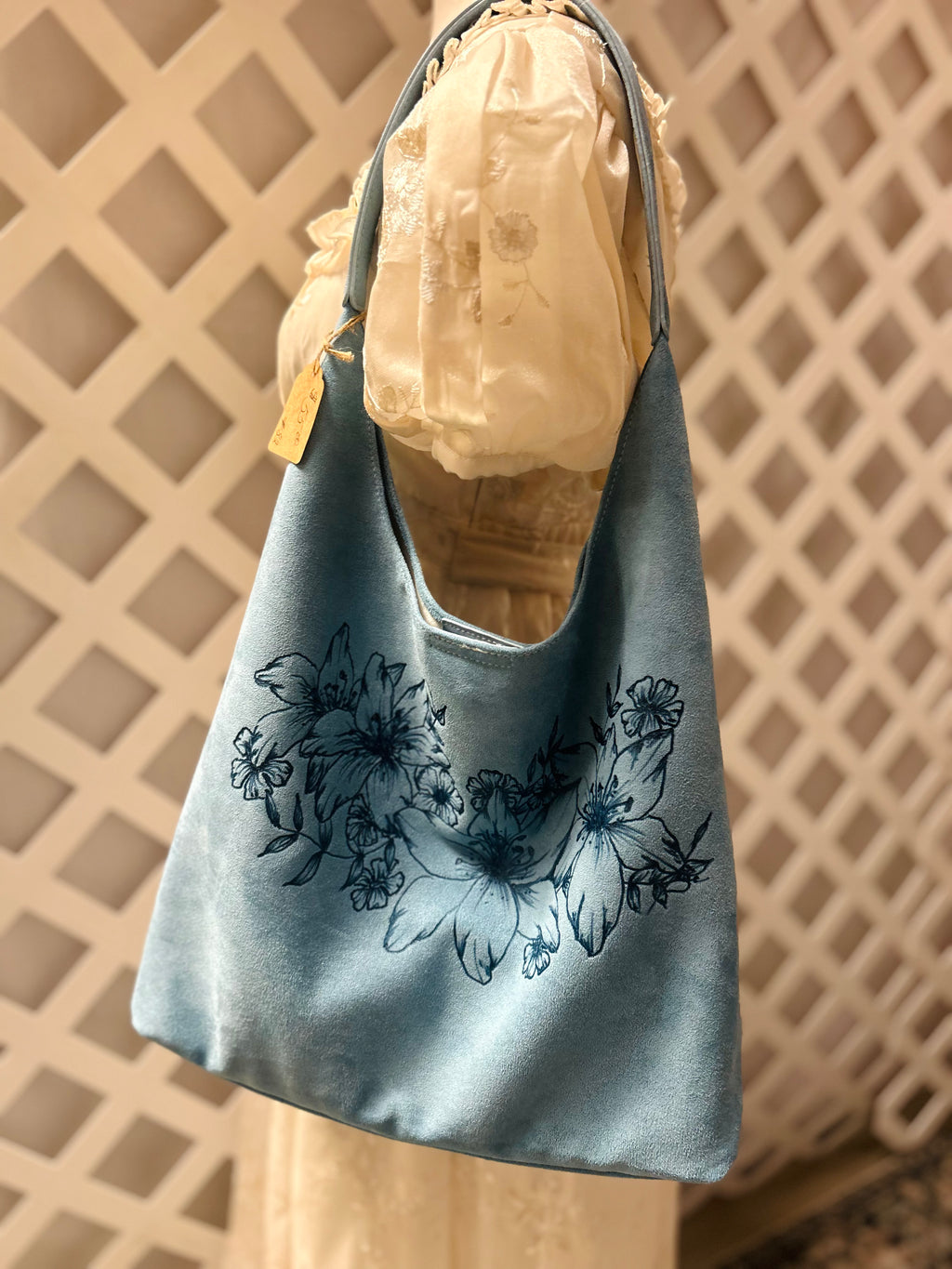 Hand-Burned Daylily Faux Suede Shoulder Bag with Matching Zipper Clutch