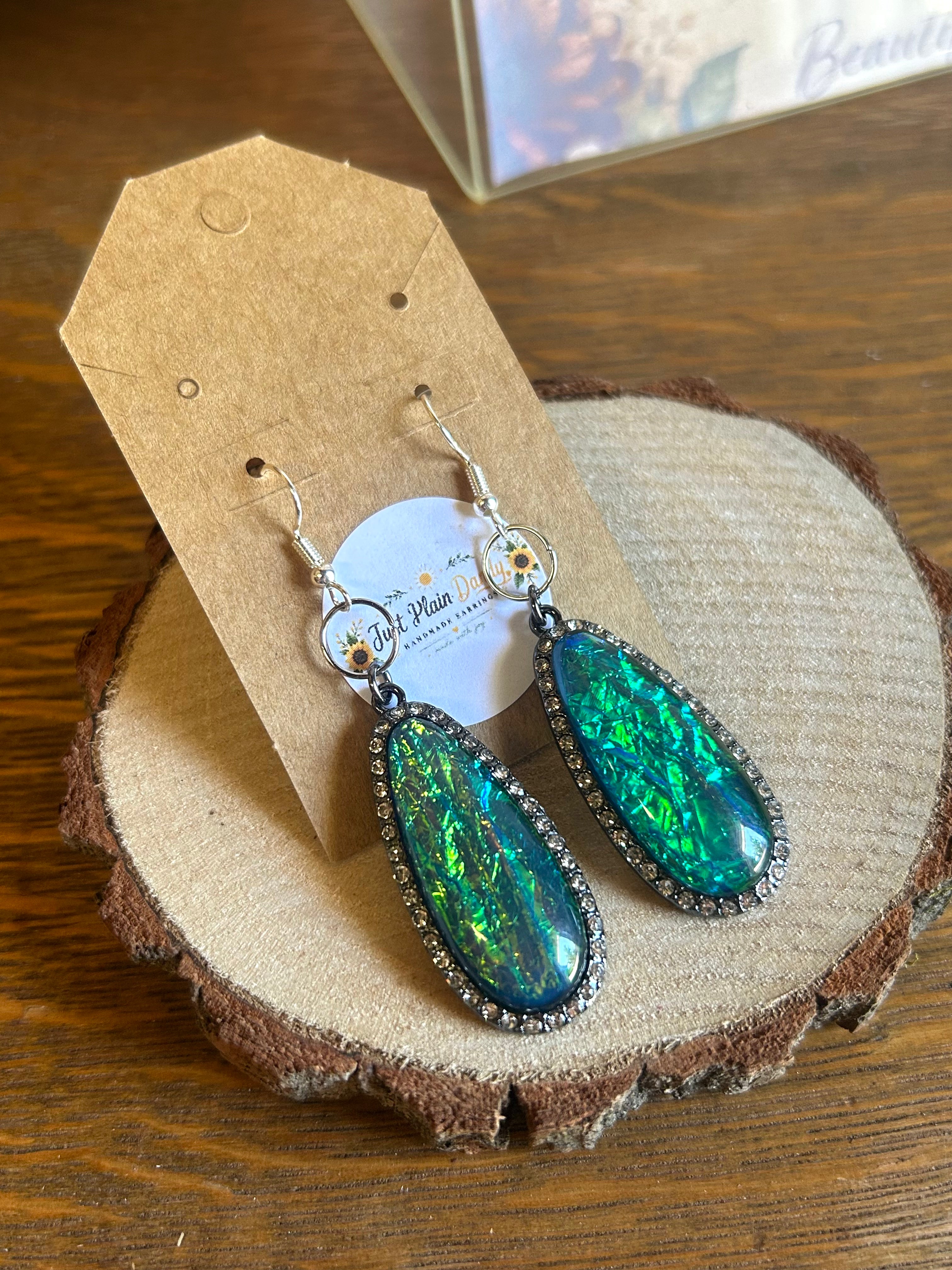 Iridescent Emerald Green Teardrop Dangle Earrings