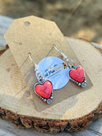Coral Red Heart Western Dangle Earrings with Silver Floral Detail