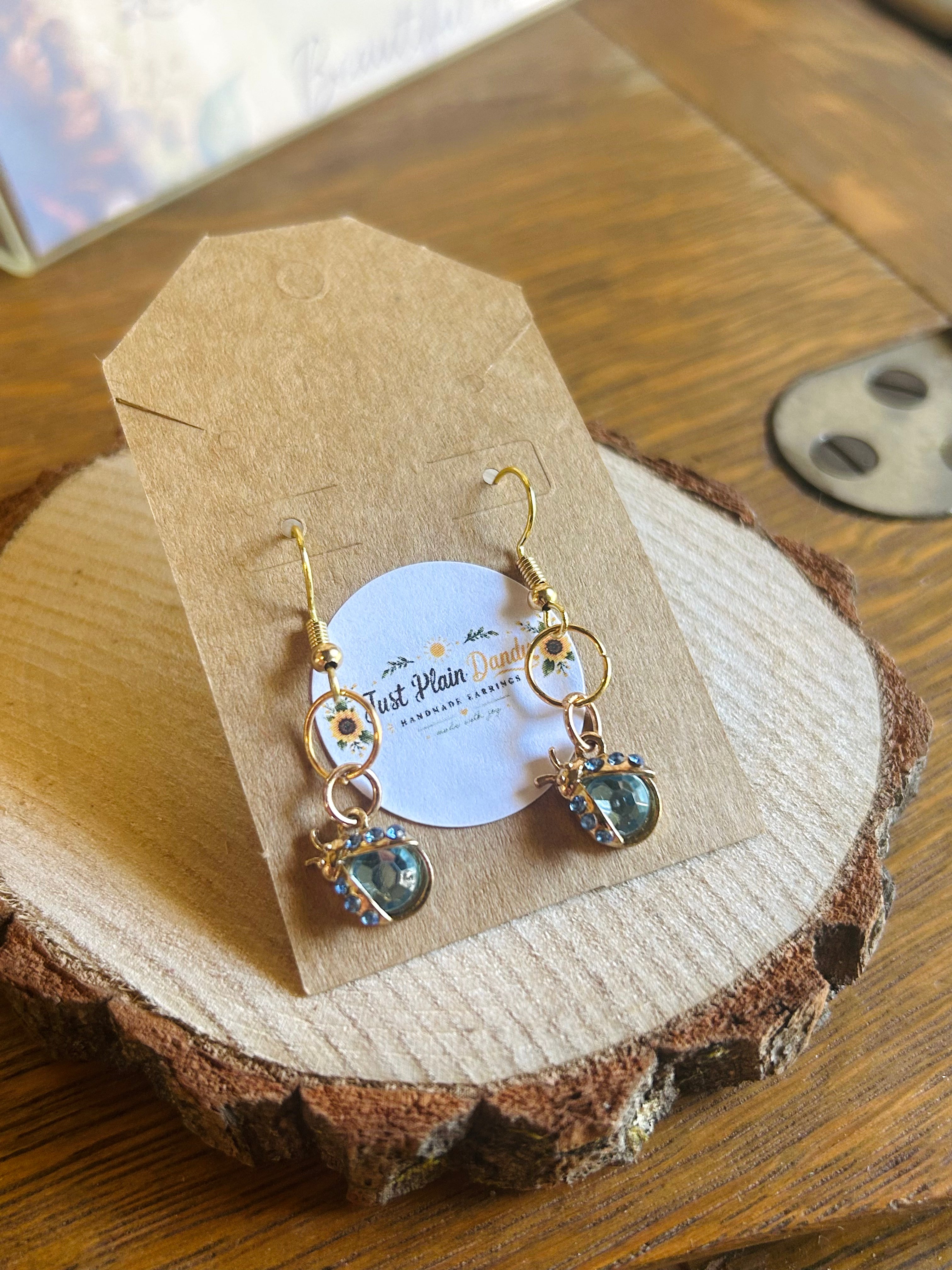 Blue Rhinestone Ladybug Gold Dangle Earrings