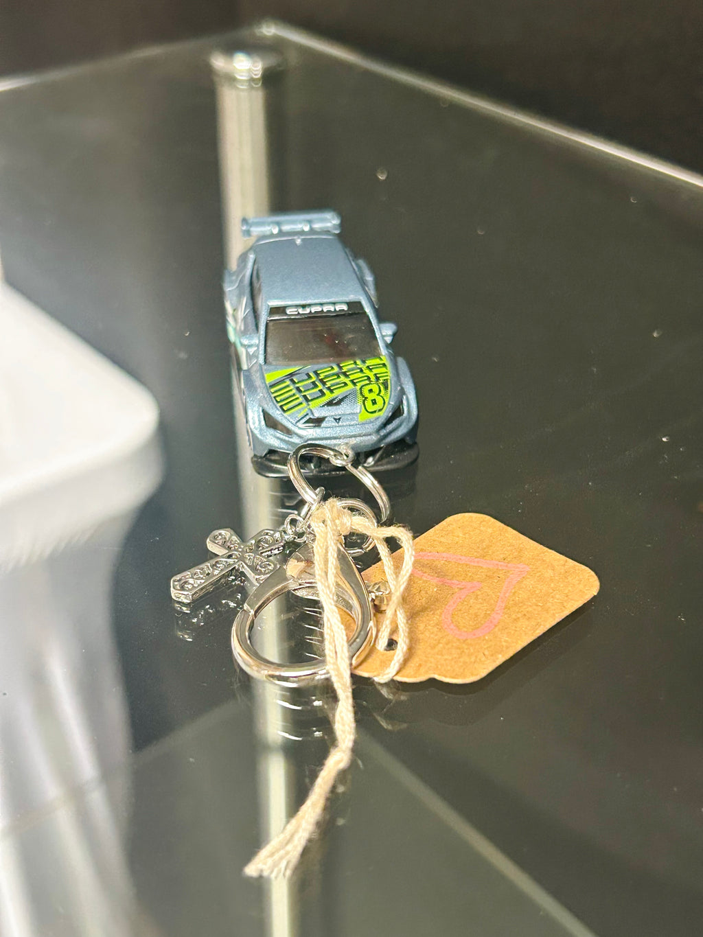 Silver Race Car Keychain with Cross Charm